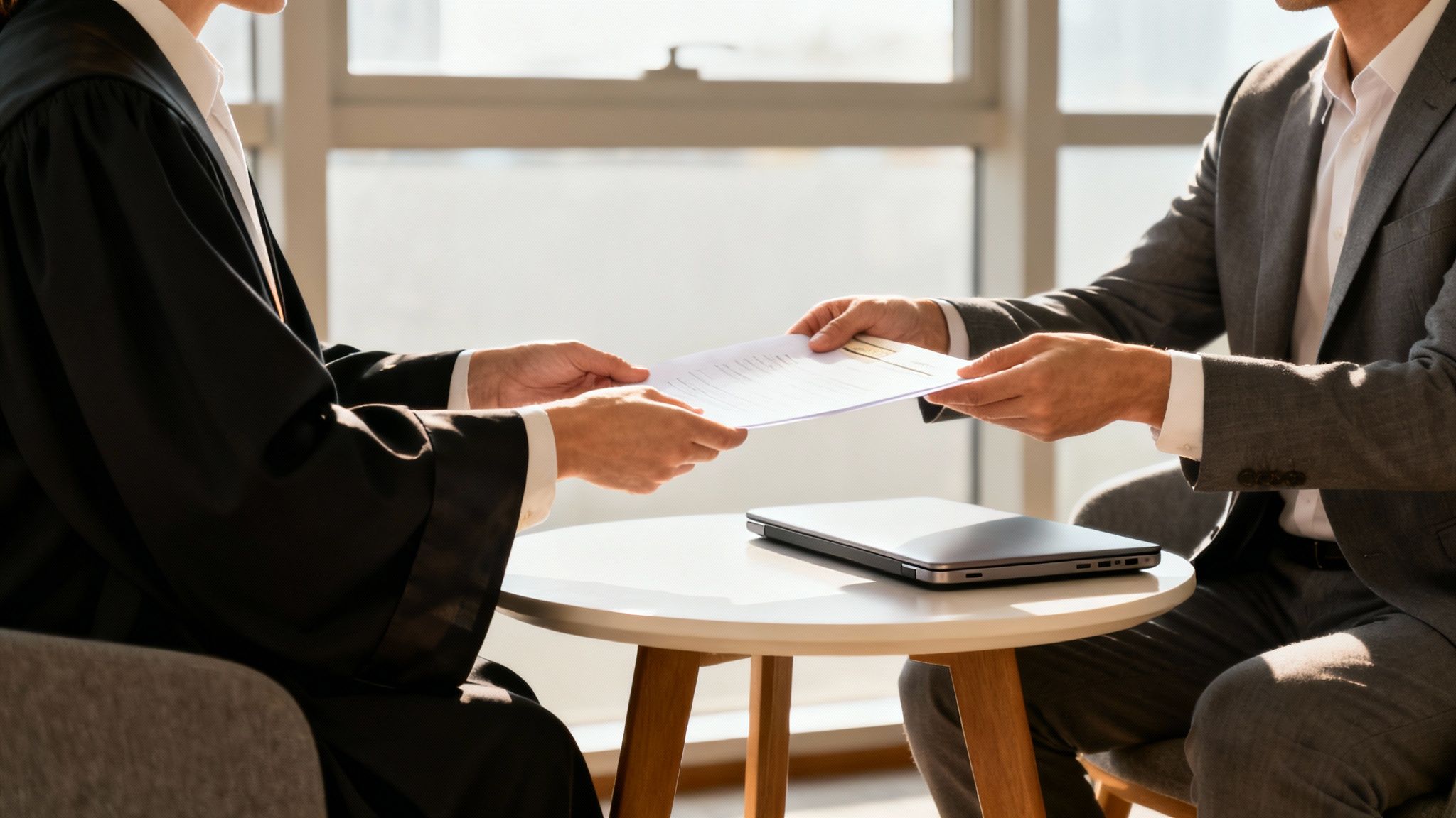 An attorney reviewing legal documents and evidence at a desk