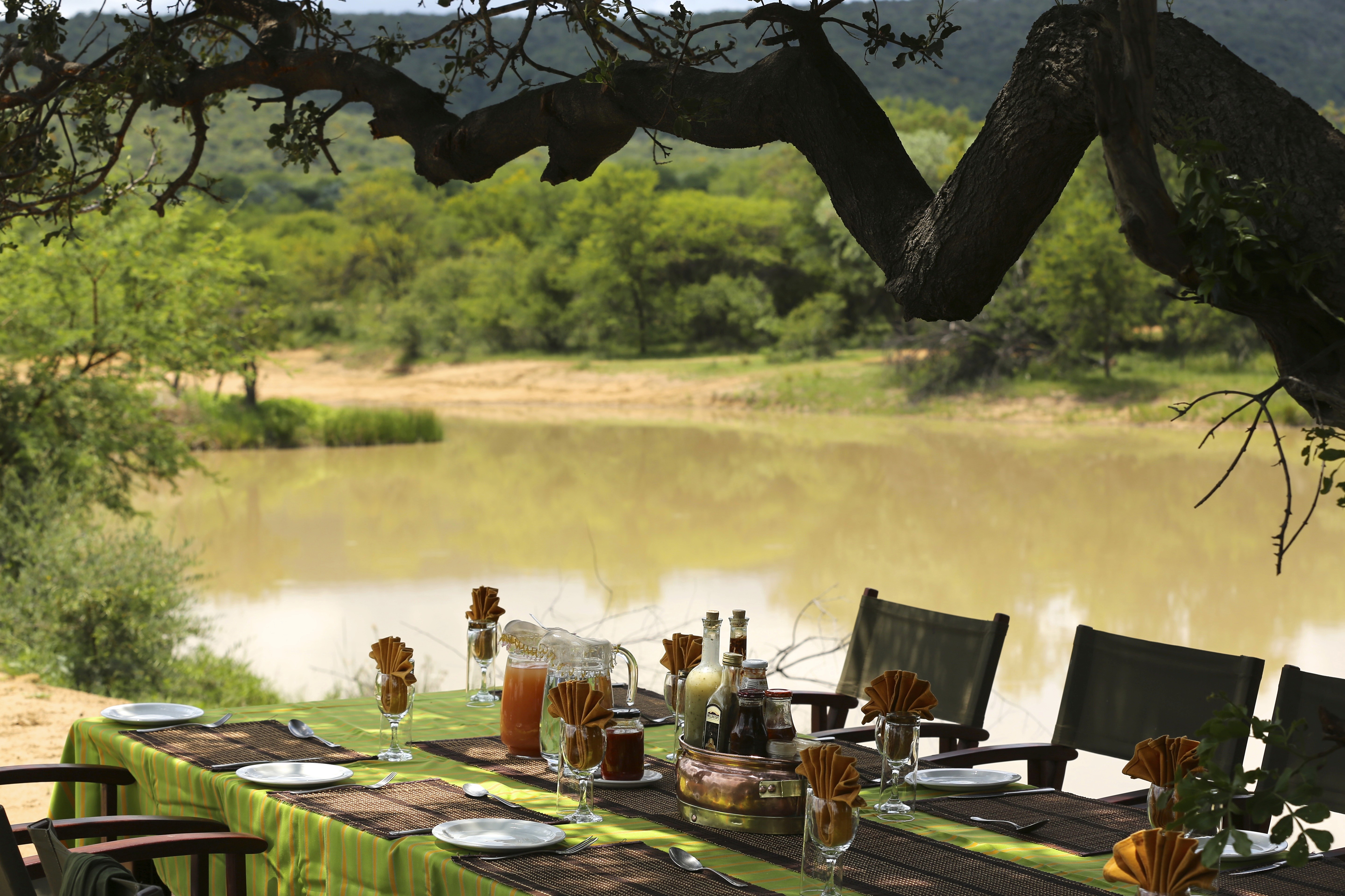 Grupp av ryttare på ridresa i Afrika galopperar över Serengetis vidsträckta slätter medan damm och gnuhjordar rör sig över horisonten under the great migration.