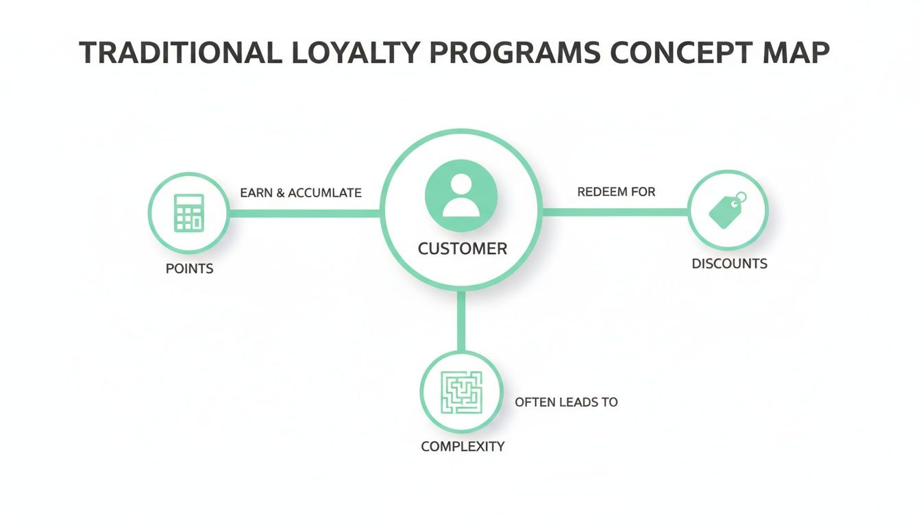 A concept map illustrates traditional loyalty programs, showing customer interaction with points, discounts, and inherent complexity.
