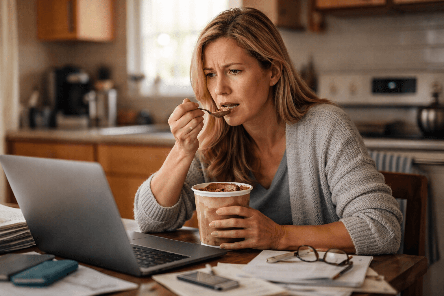 Woman stressing over laptop with a icecream — building awareness of emotional eating triggers and finding alternatives to food