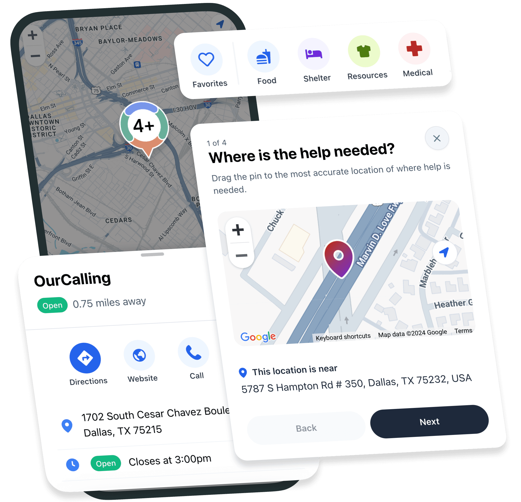 Neighbor mobile app showing resource locations, directions to services, and help request features