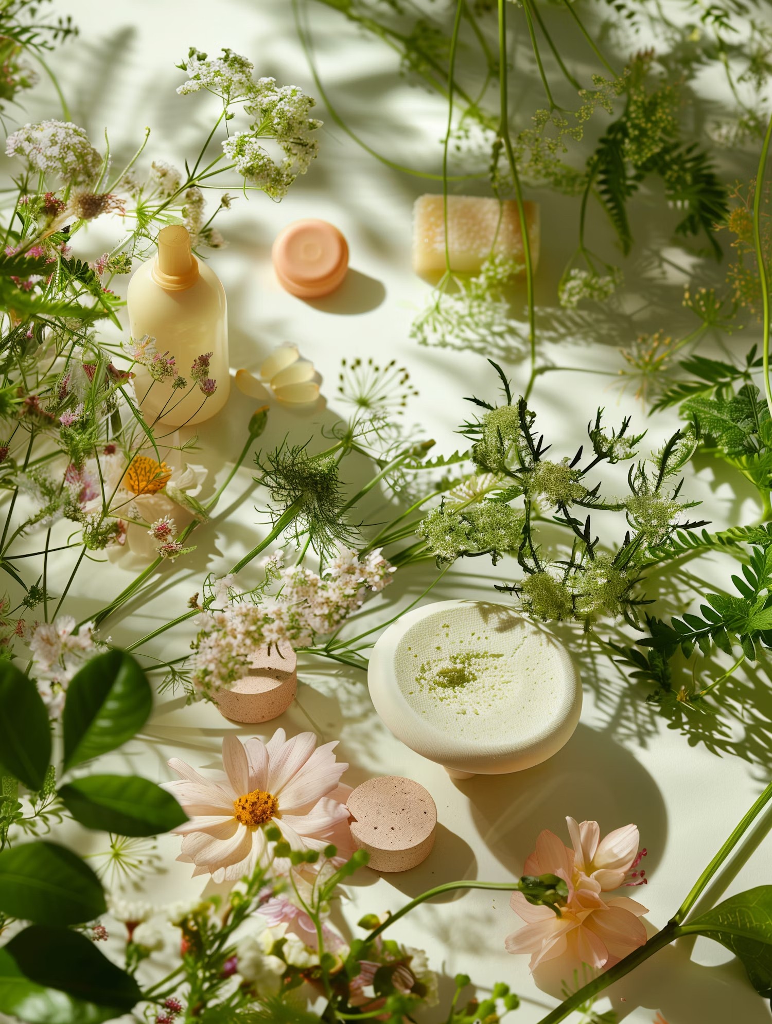 Woman surrounded by fresh botanicals and flowers, representing natural hormone health and holistic healing