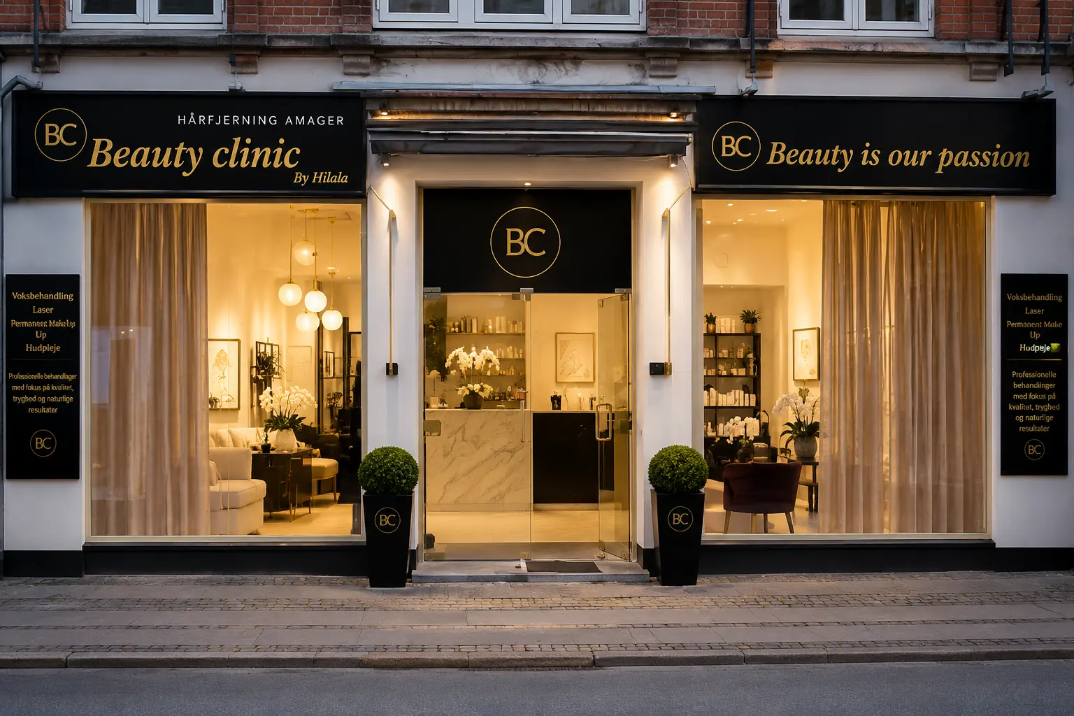 Indgang og interiør hos Beauty Clinic by Hilala, en skønhedsklinik på Amager.
