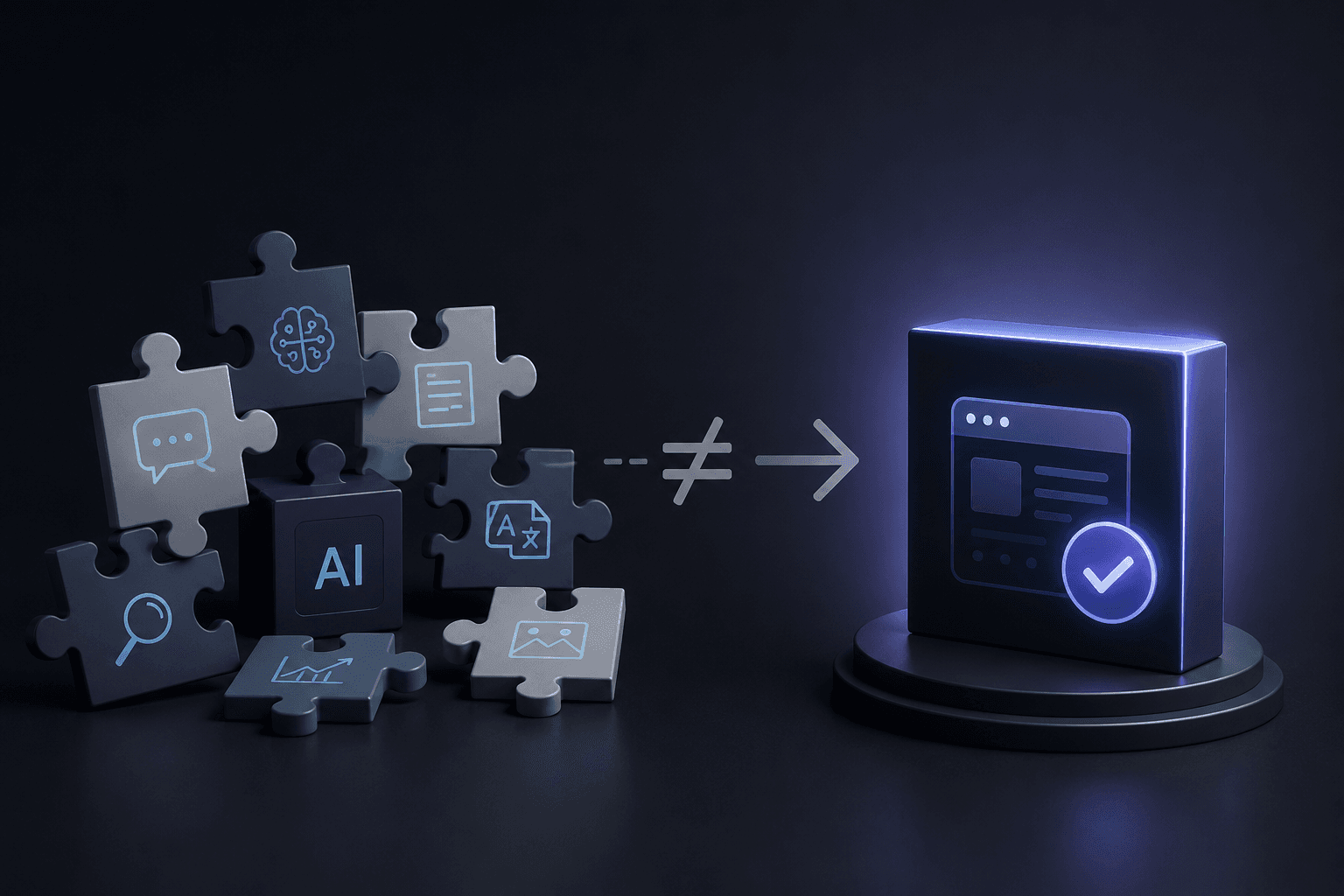 3D illustration comparing standalone AI features with a complete digital product experience, emphasizing how successful AI products are built around workflows, outcomes, and user value rather than AI capabilities alone.