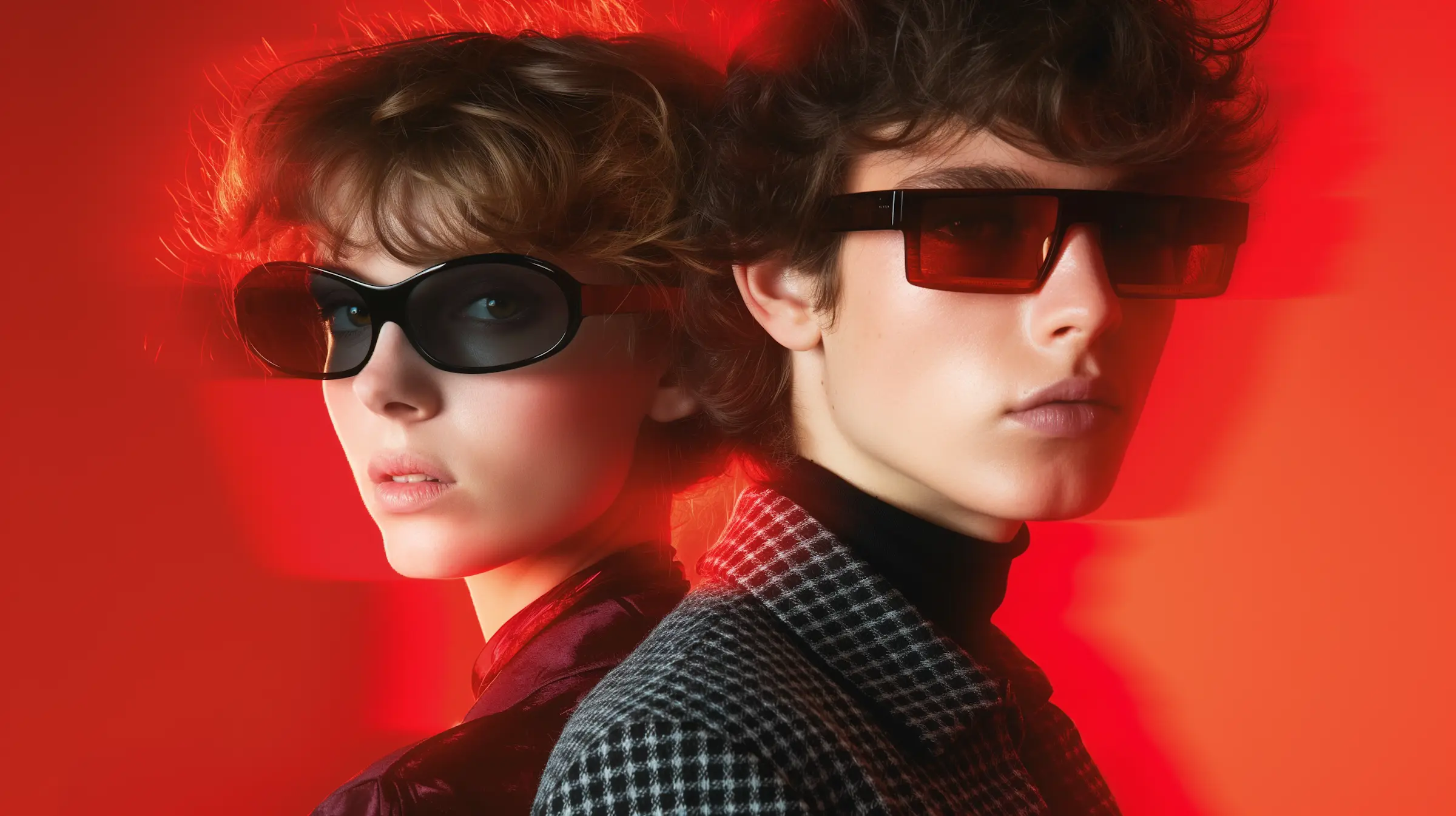 Morrow Chocolate campaign portrait: two models in sunglasses posed back to back against a saturated red backdrop