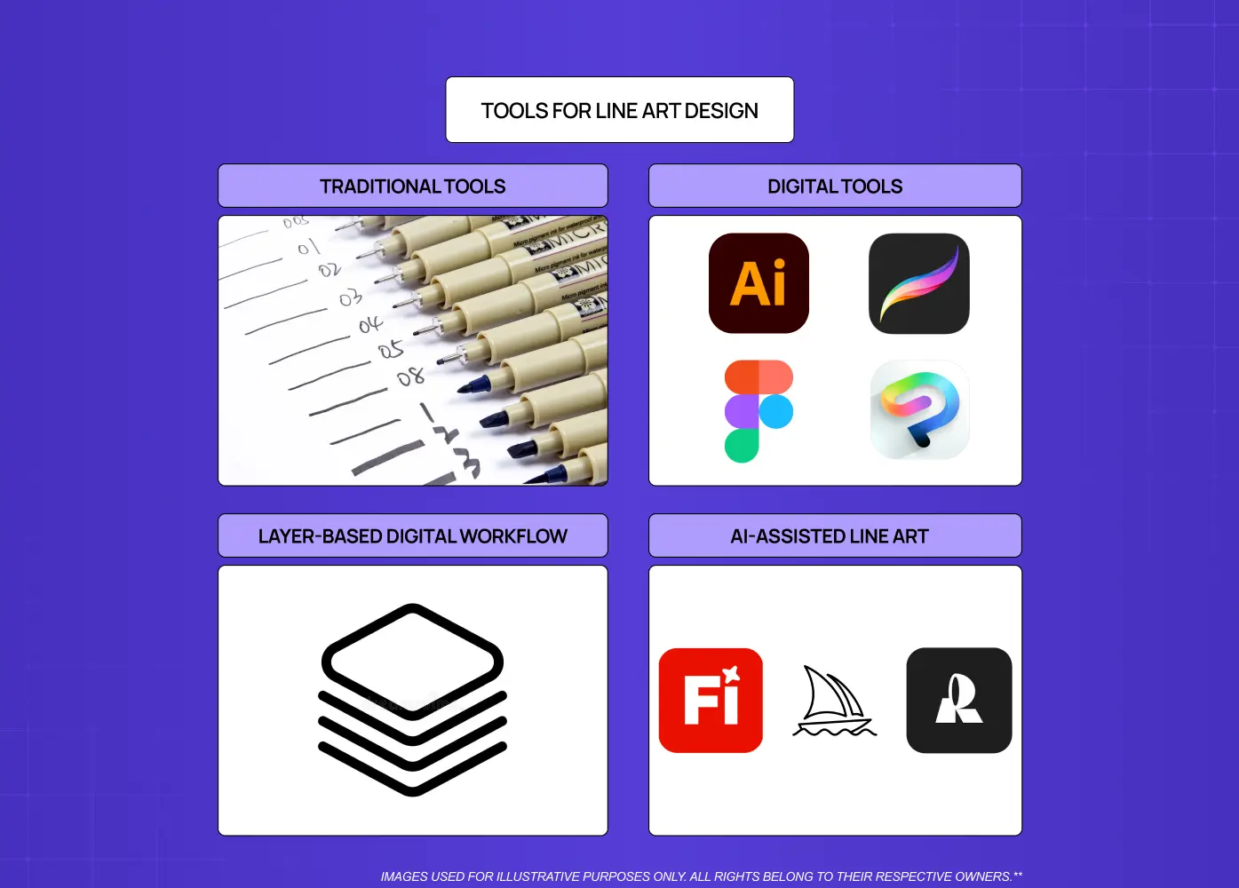 Visual guide to traditional and digital tools used for line art creation, including drawing pens, design software, layered workflows, and AI-assisted tools.