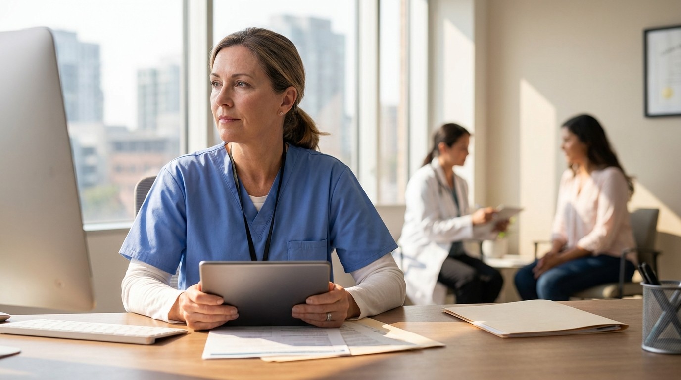 Ärztin präsentiert Praxiskennzahlen im Team-Meeting – MediPulse Dashboard auf dem Laptop