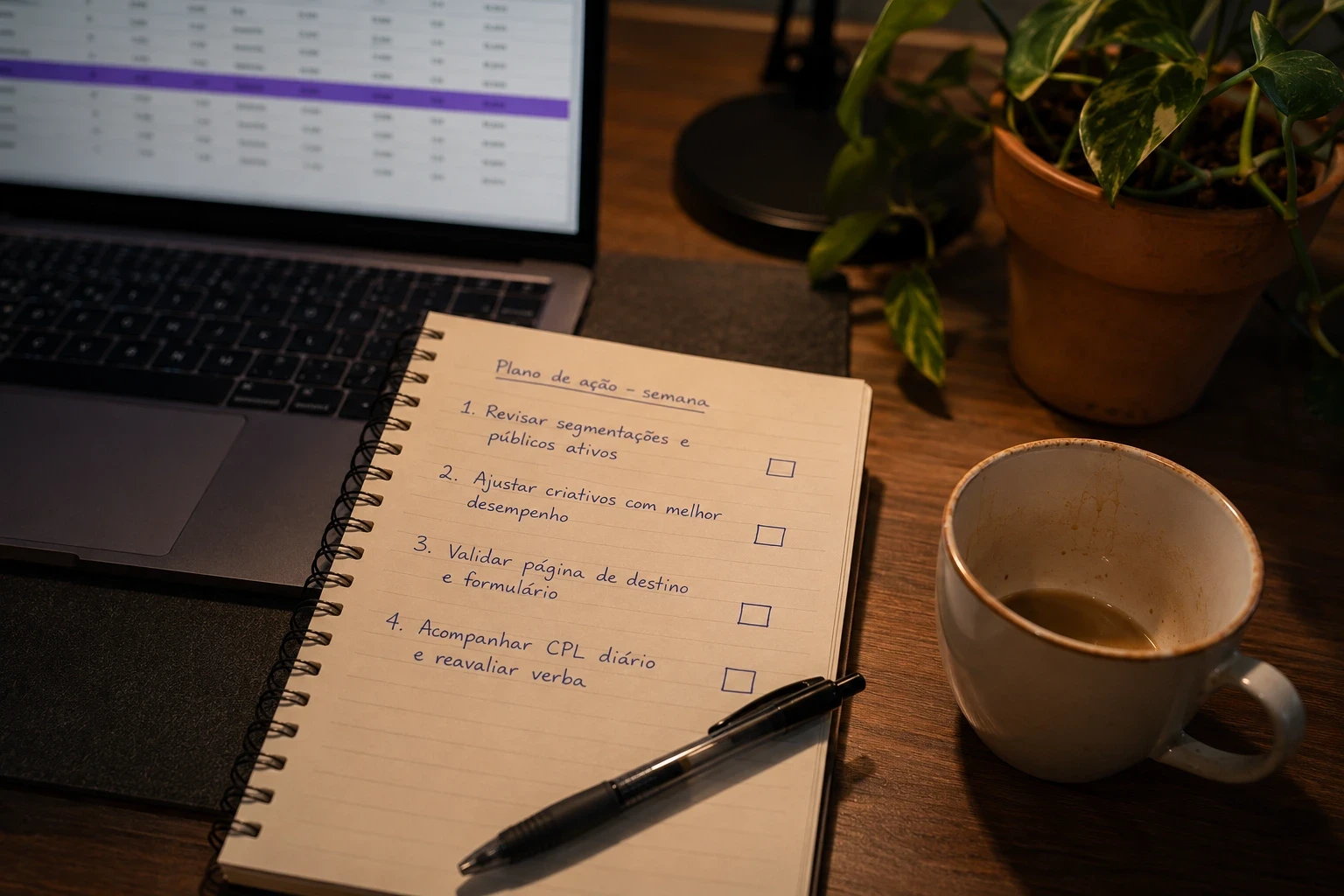 Caderno com plano de ação semanal escrito à mão para reduzir CPL no Google Ads, contendo quatro itens com checkboxes vazios sobre revisão de segmentações, ajuste de criativos, validação de página de destino e acompanhamento de CPL diário, ao lado de notebook com planilha aberta e xícara de café