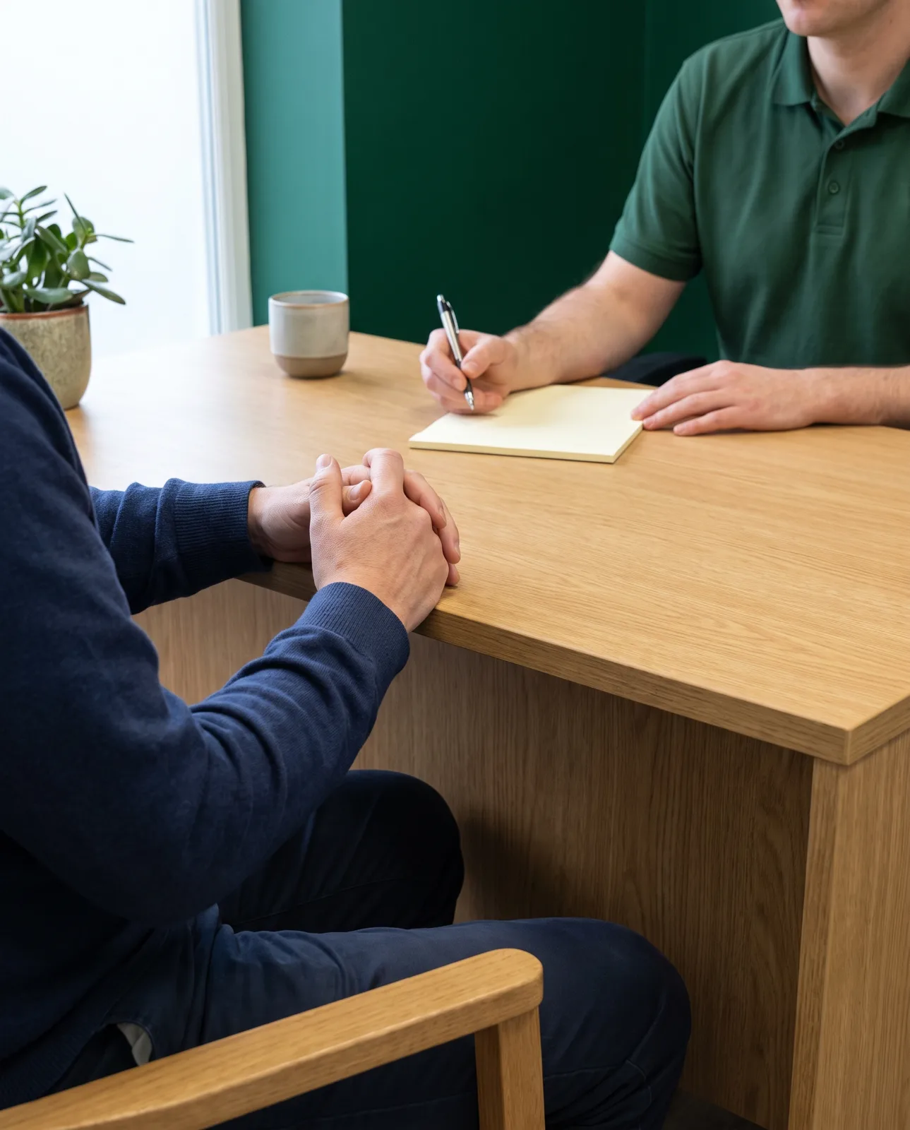 A pharmacist and a patient talking across a desk in a private consultation room