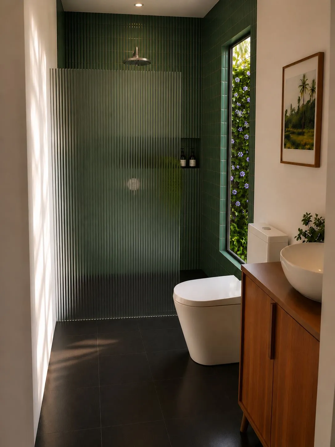 Cottage bathroom with rain shower at Jaali River Sanctuary