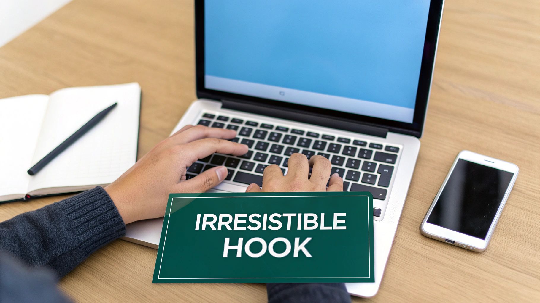 Person typing on a laptop with a green 'IRRESISTIBLE HOOK' sign in the foreground.
