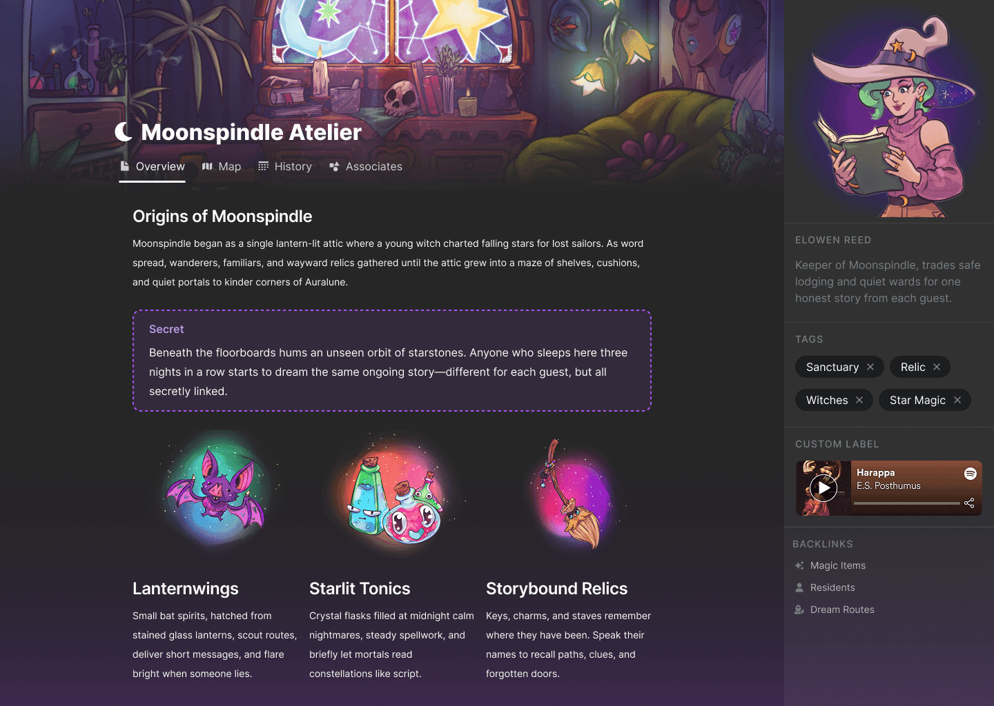 LegendKeeper lore editor with auto-linked terms, tags, and private secrets