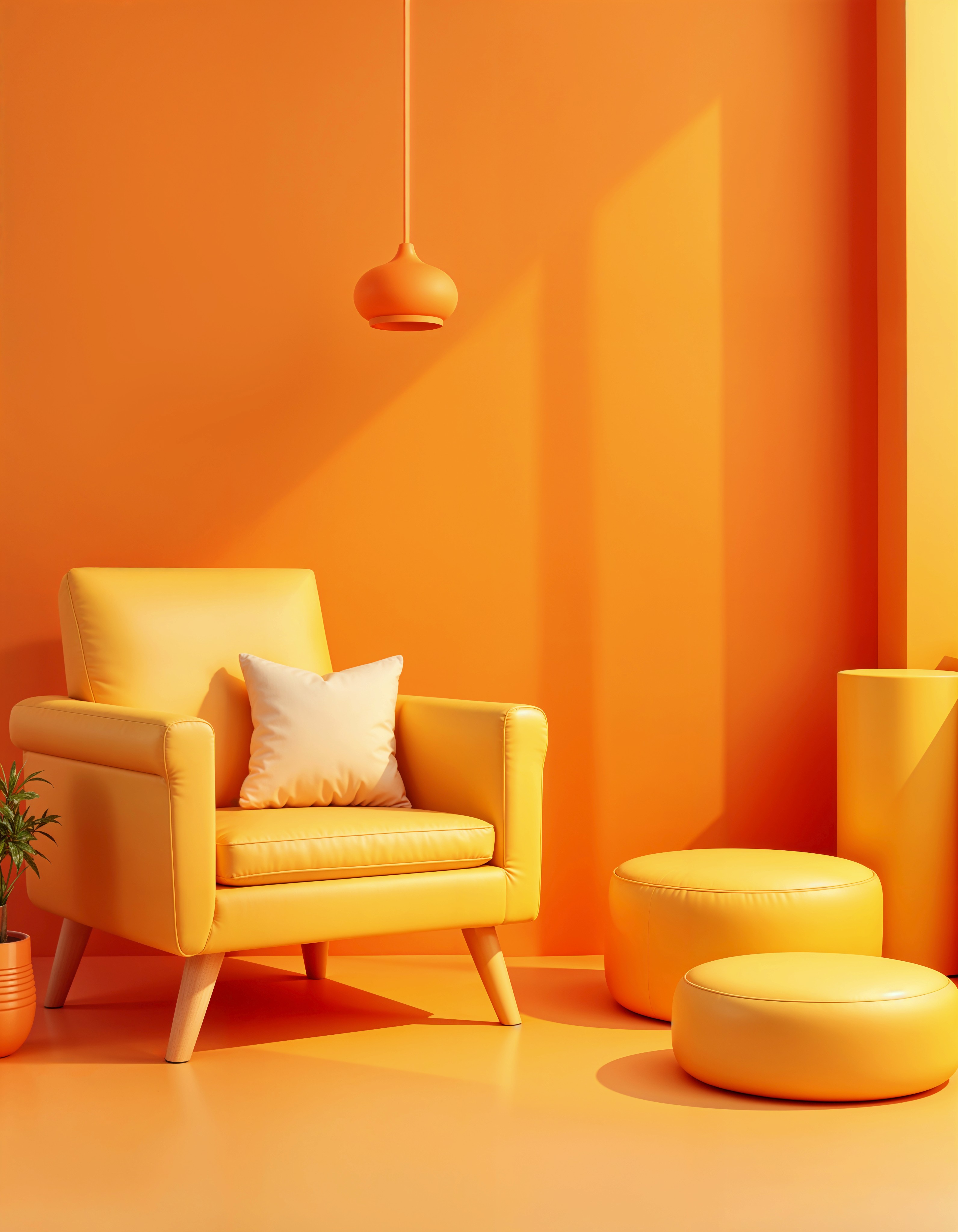 Sunlit orange armchair beside sheer curtains, wooden floor.