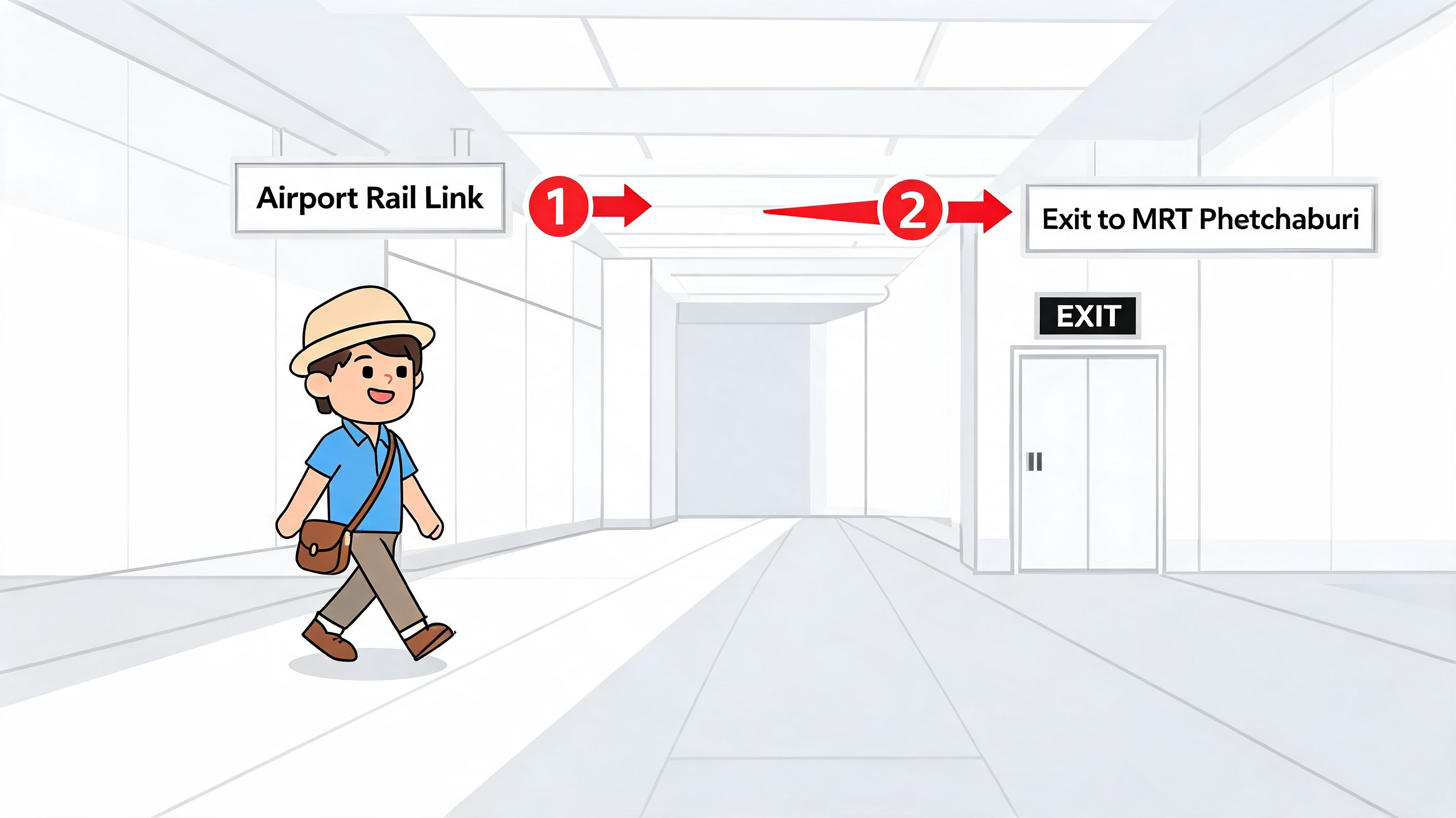 A cartoon illustration showing the path from the Airport Rail Link to the MRT Phetchaburi exit.