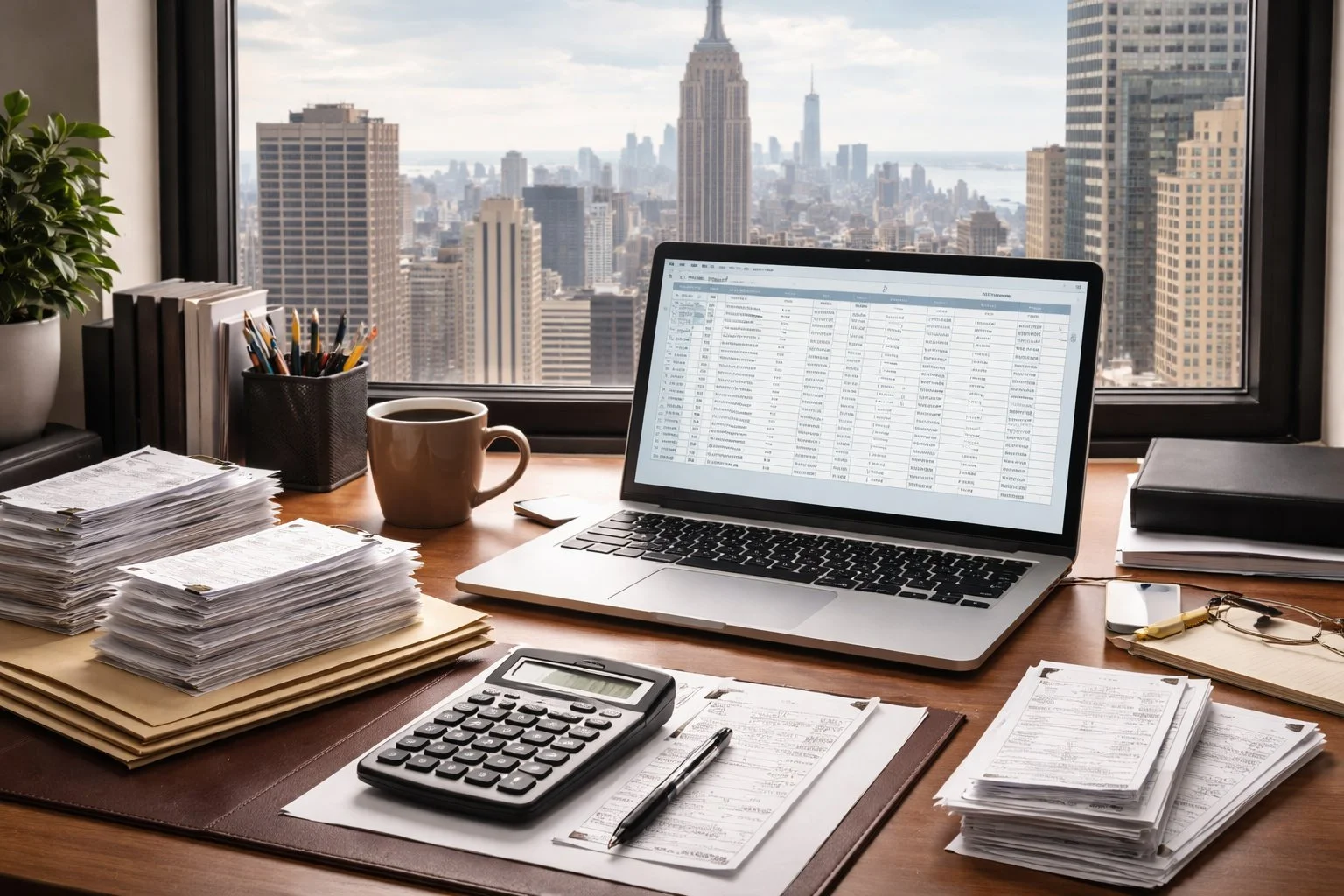 Small New York office desk with stacked receipts, a laptop showing spreadsheets, a calculator, and city buildings visible through the window, representing organized expense tracking.