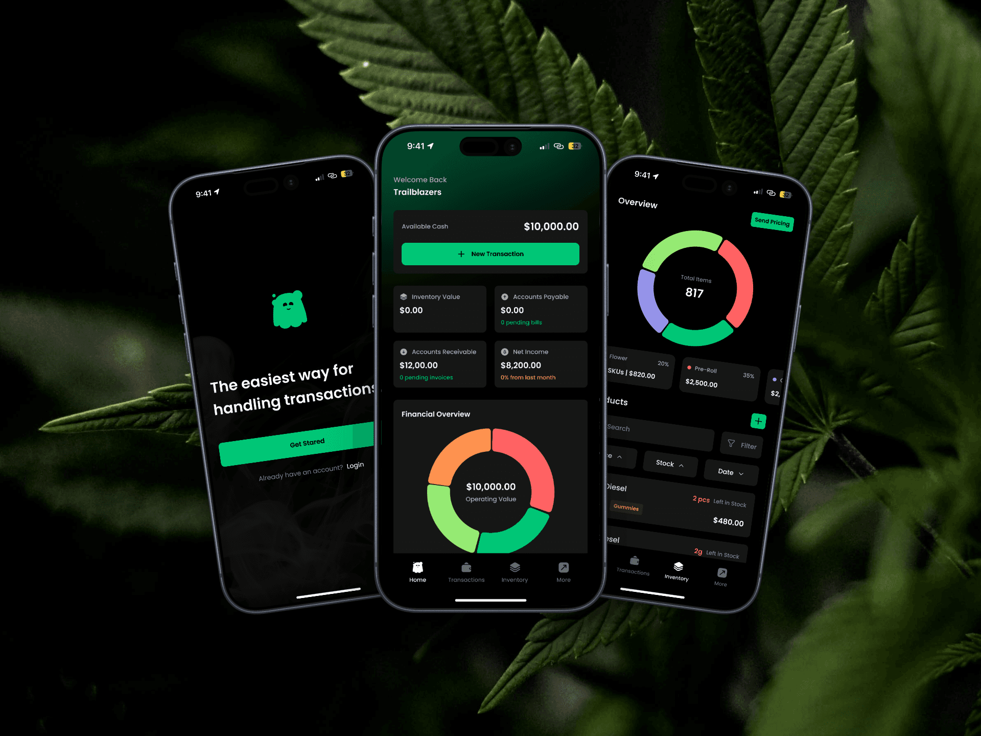 Three screens of the Staackbooks app showing a welcome screen, a financial overview dashboard with cash and income metrics, and an inventory overview screen, displayed against a cannabis leaf background.