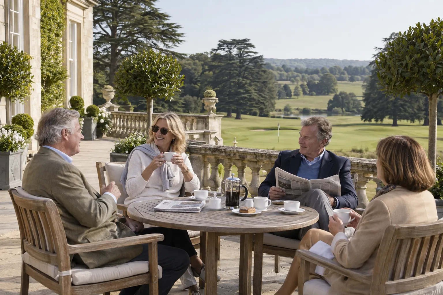 Four members with coffee at a table on the terrace after a morning round, the park falling away behind them