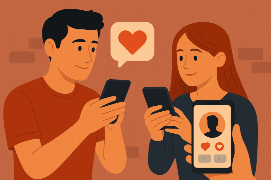 Happy people using a dating app, chatting, improving dating profile bios