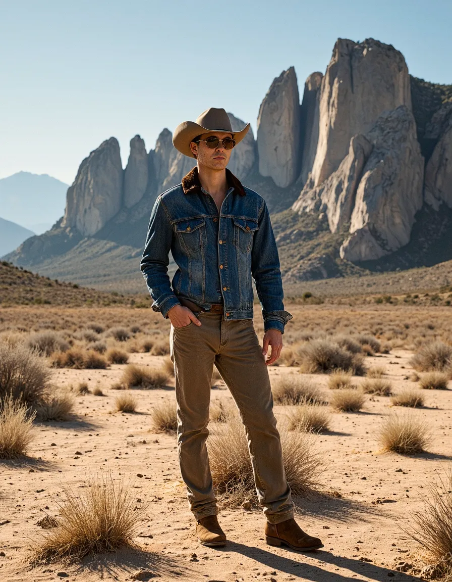 Western-styled scene featuring denim jacket and cowboy hat against dramatic desert landscape with towering rock formations