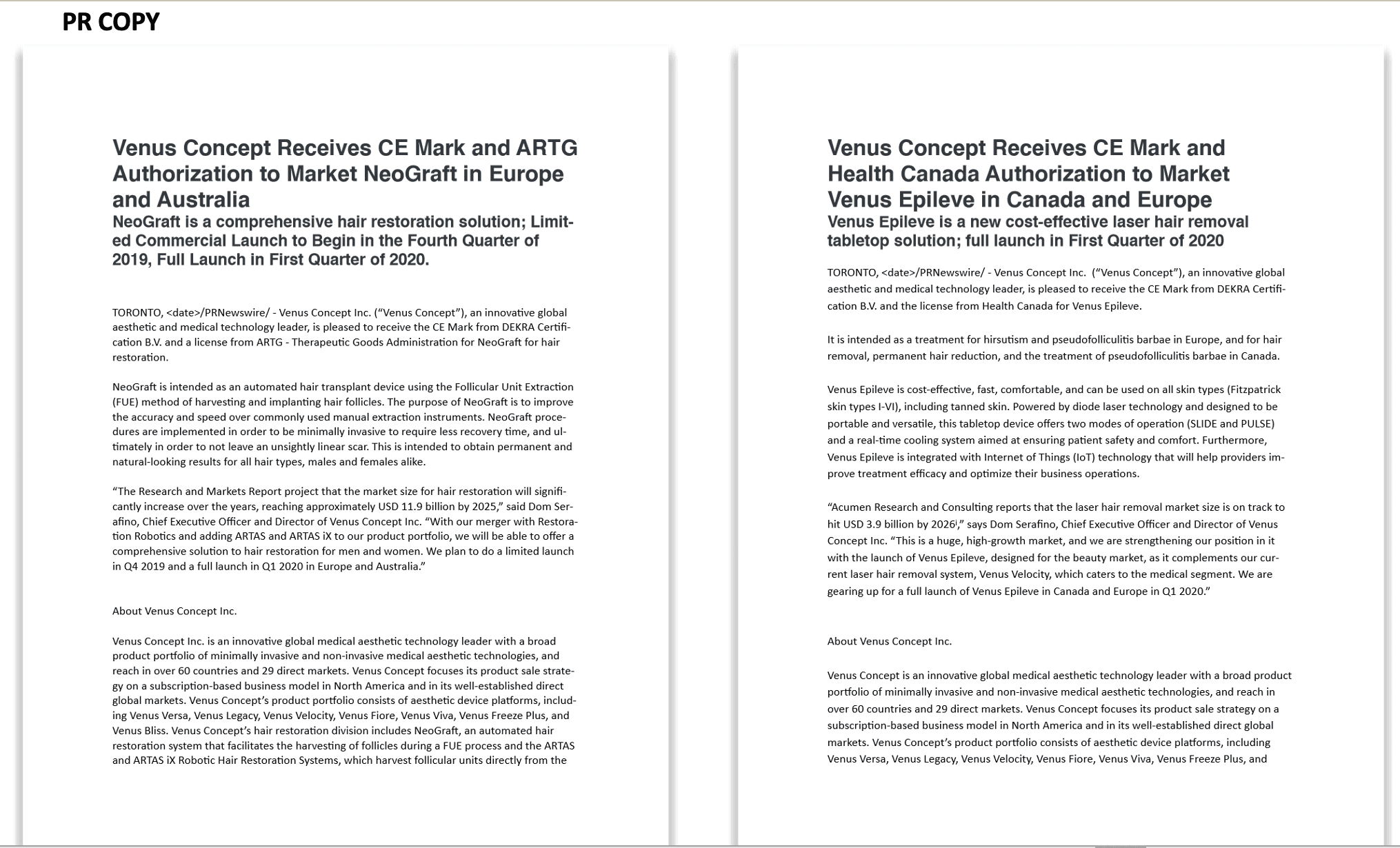 Venus Concept PR copy samples