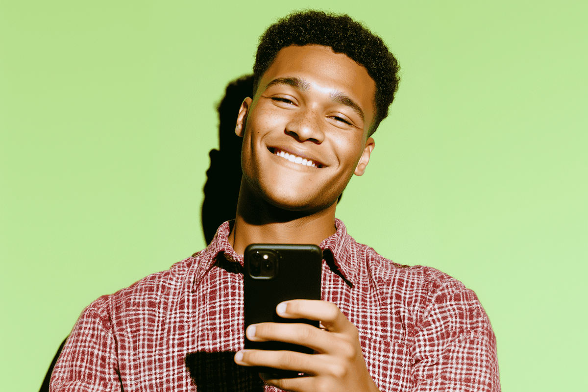 Smiling young Black man holding smartphone against bright green background.