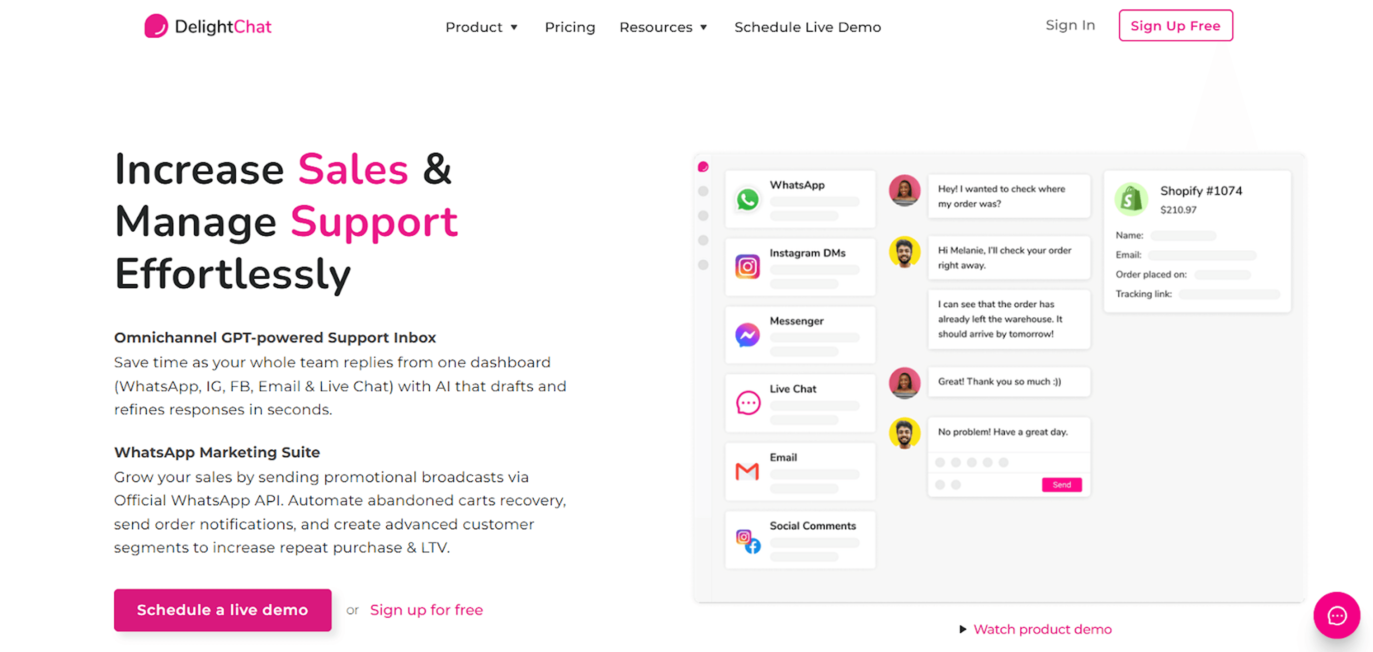 DelightChat main website page