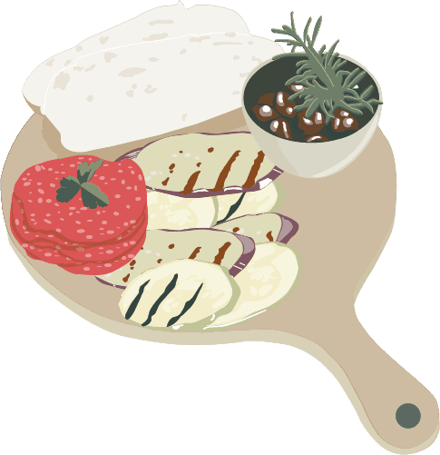 Eine minimalistische Illustration zeigt eine Holzplatte mit verschiedenen mediterranen Speisen: Gegrilltes Gemüse (Zucchini, Auberginen), Tomaten, ein Stück Fladenbrot und eine kleine Schale mit einer dunklen Soße, dekoriert mit einem Rosmarinzweig.