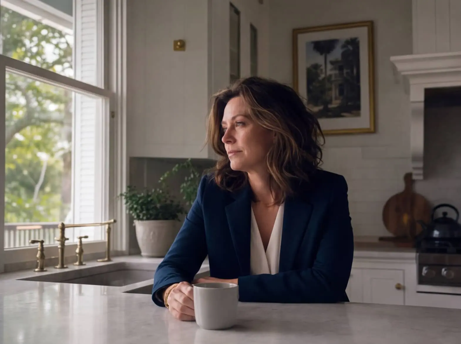 Professional woman sitting in Charleston home kitchen in the morning, coffee in hand, staring out the window — Metabolic Health & Weight Loss at Hero Health & Hormone