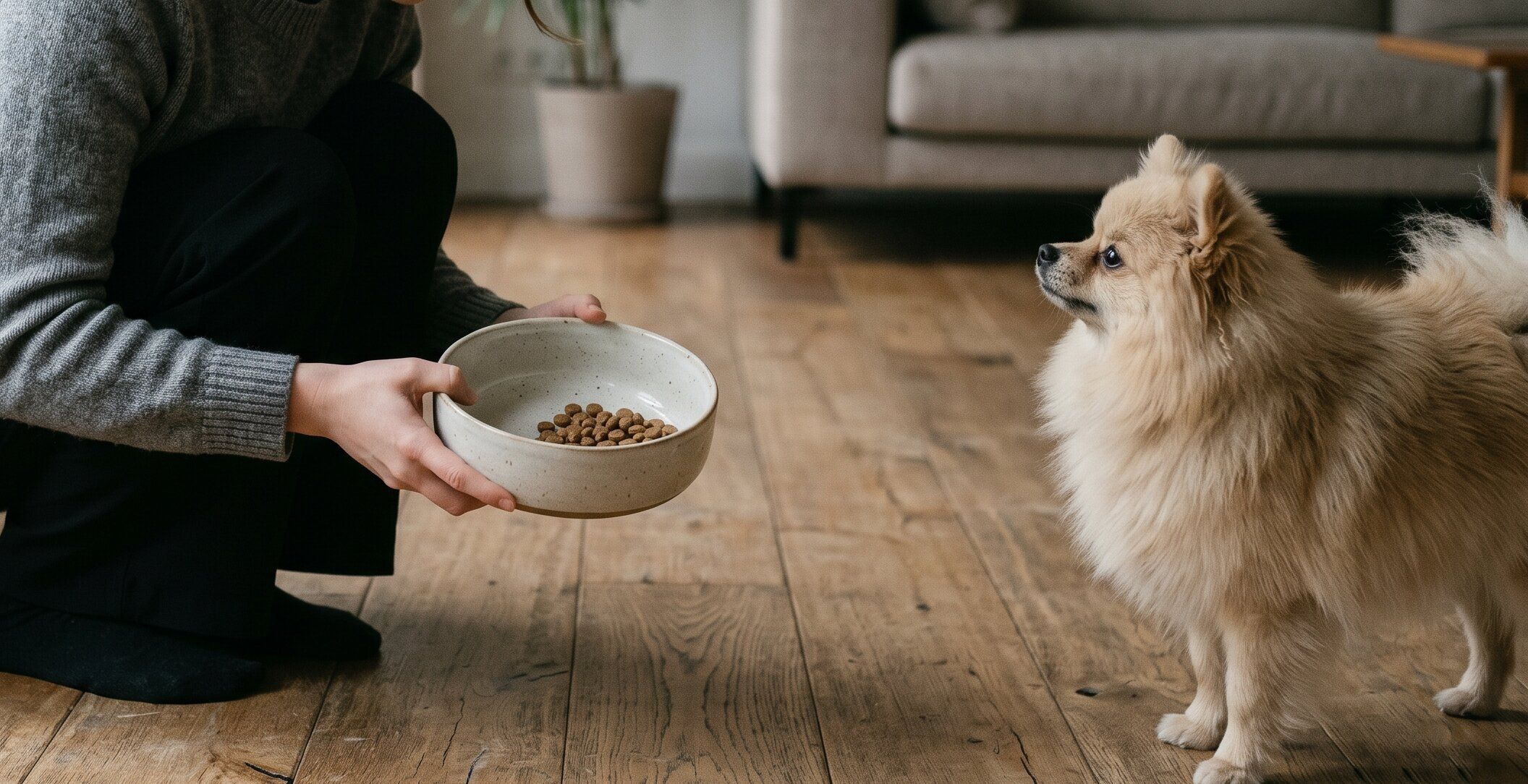 Parent placing a simple bowl of plain kibble on a wooden floor in soft daylight, no toppers visible, small dog at the edge of the frame — illustrating the no-toppers part of the reset.