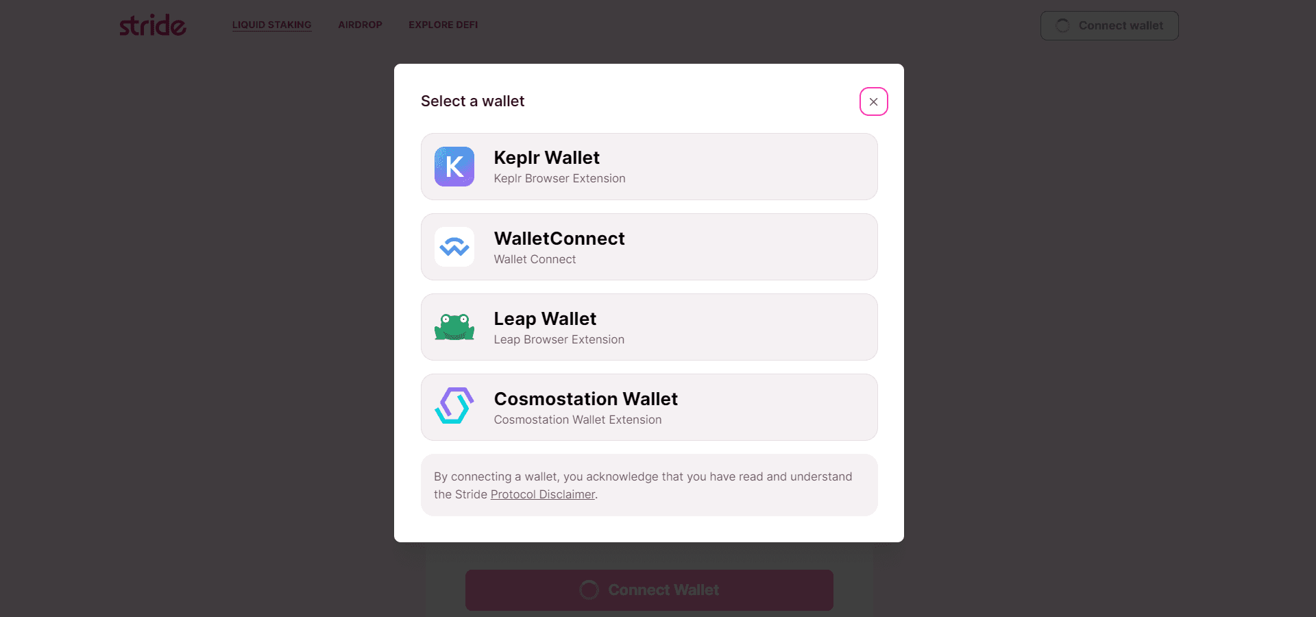 Connect to Leap Wallet on Stride