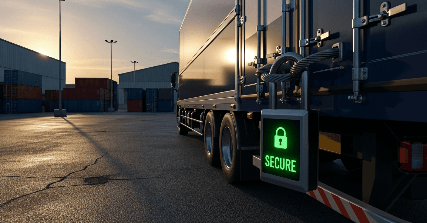 Camión de carga en carretera con un icono rojo flotante que indica alerta de interferencia GPS (Jammer), mostrando protección en tiempo real y señalización de seguridad tecnológica.