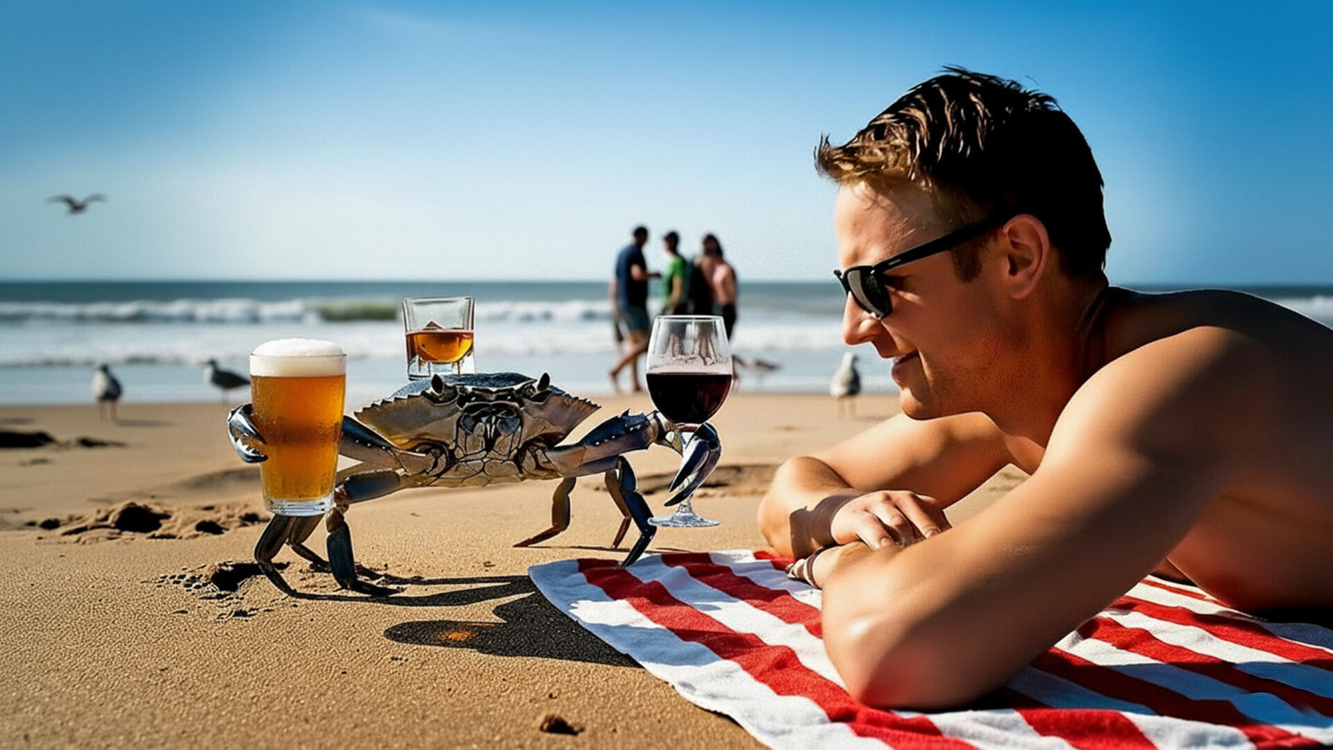 A man lies on a striped beach towel, smiling at a crab holding a wine glass, a beer, and a cocktail on a sandy beach with people and seagulls in the background.