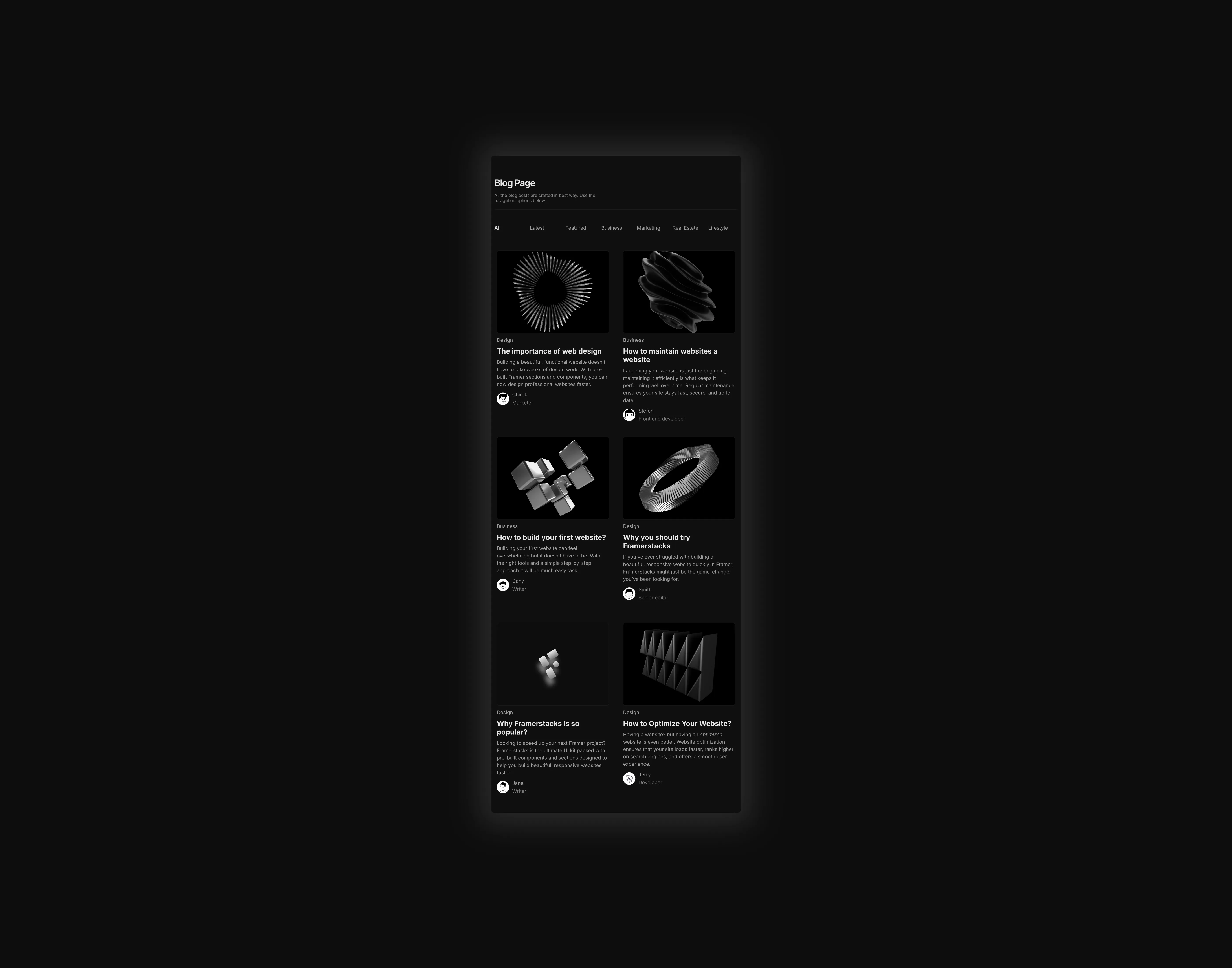 A dark themed cms blog collection page ui in grid format, optimized for desktop tablet