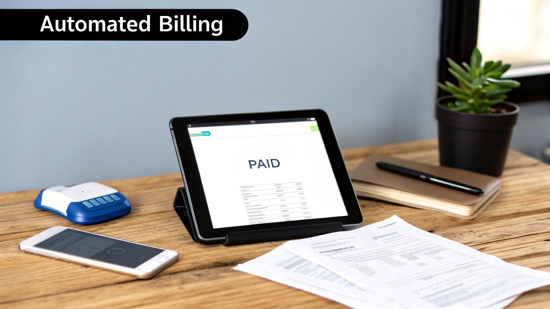 A desk with a tablet displaying 'PAID' for automated billing, a smartphone, and a payment device.