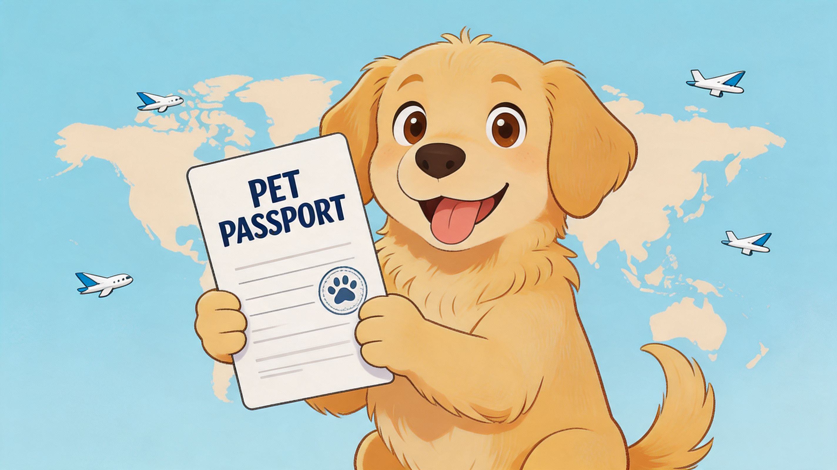 A happy cartoon golden retriever puppy holding a document titled Pet Passport against a global map background.