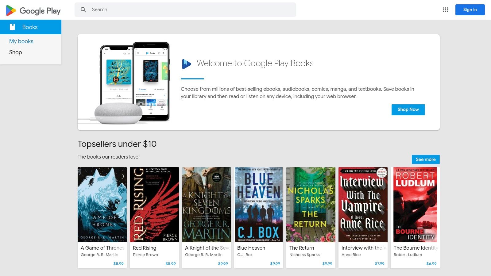 A screenshot of the Google Play Livros interface displaying a collection of top-rated business and sales books, emphasising its clean design and digital-first approach.