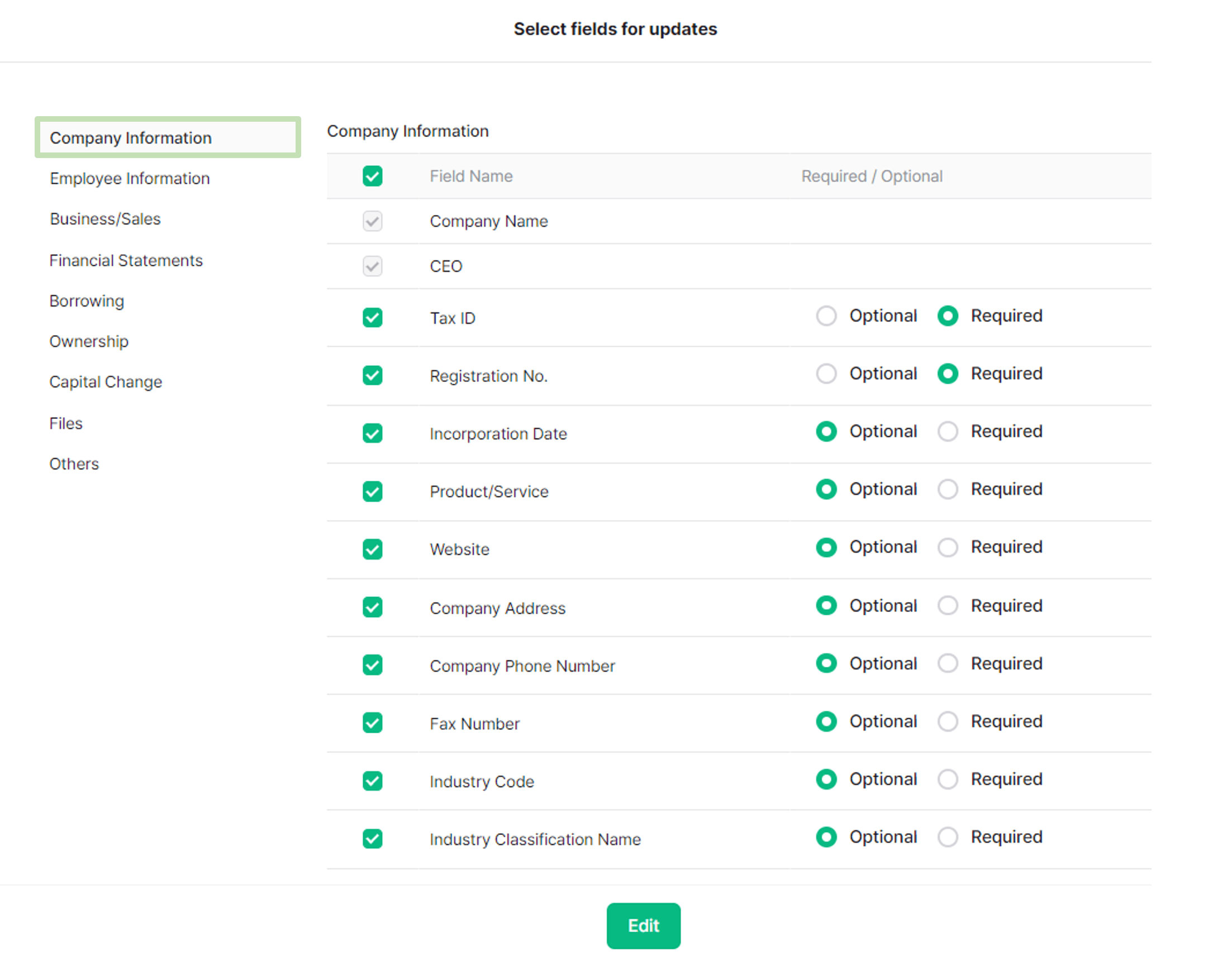 company information select fields