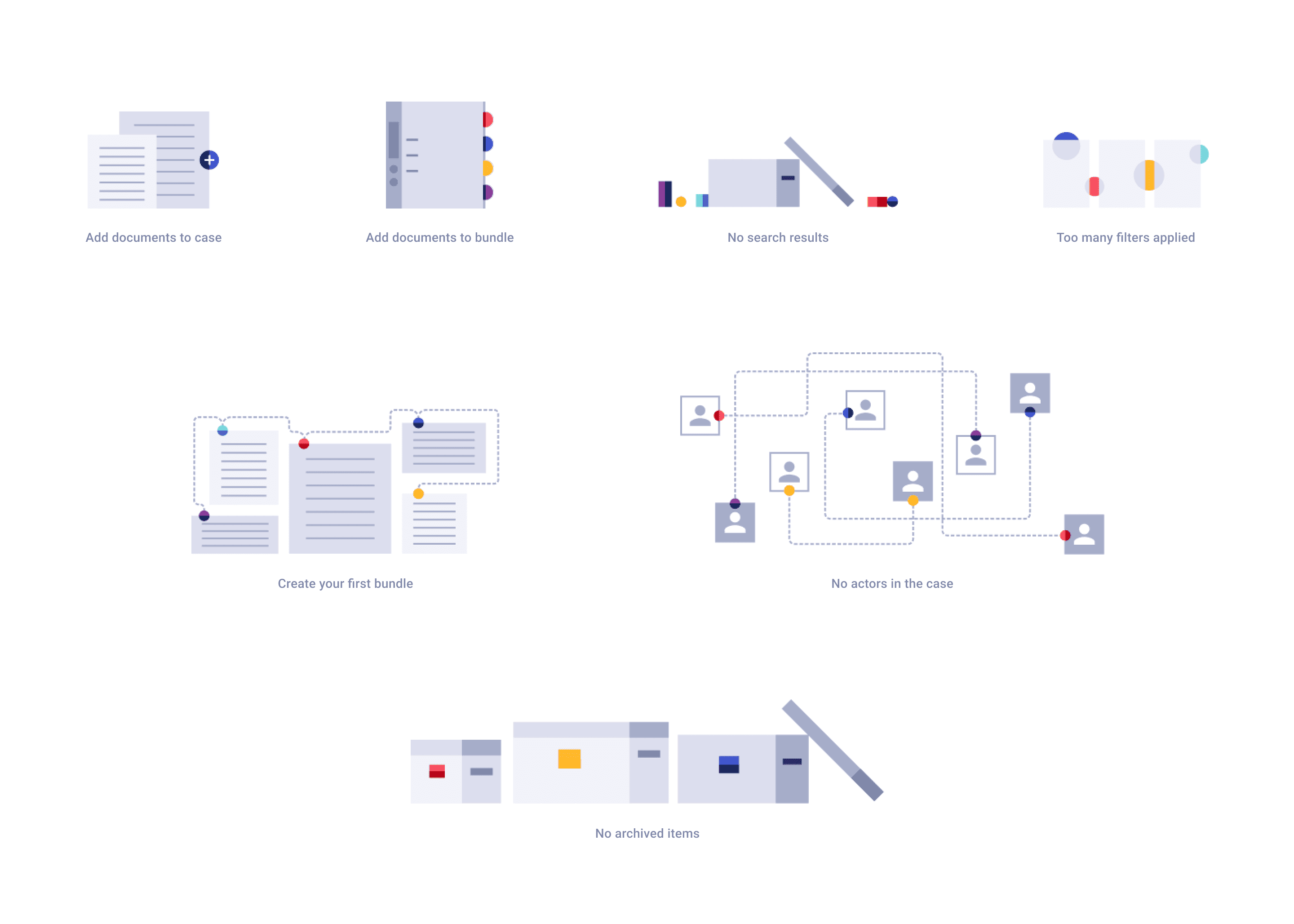 A set of illustations for empty states like "Add documents", "Create your first bundle" and "Too many filters applied"