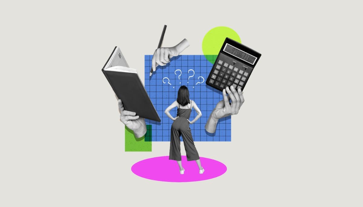 Person facing a wall of question marks with oversized hands holding a book, pencil, and calculator.