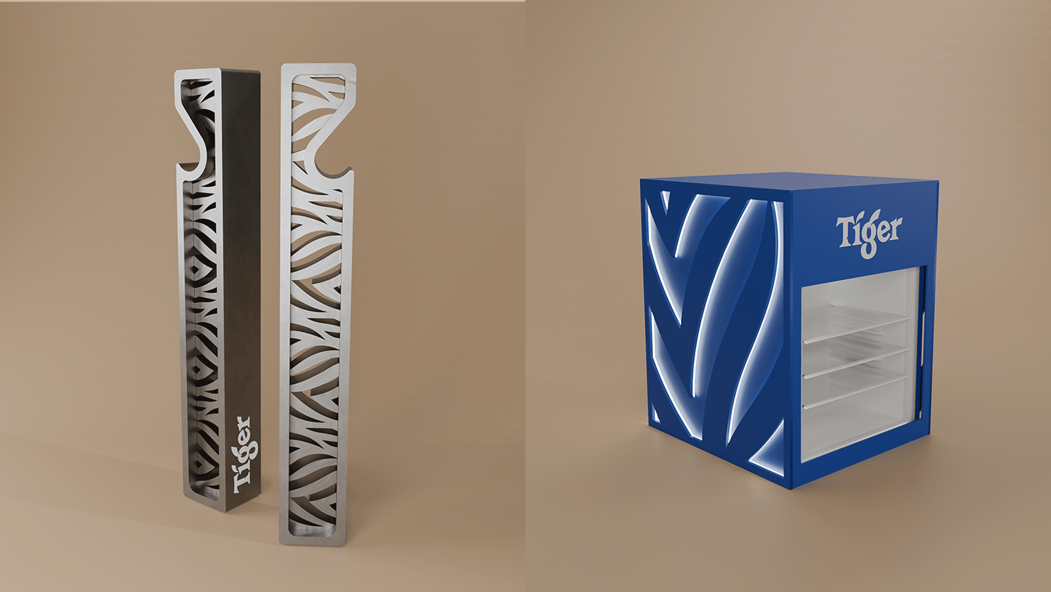 Branded assets for Tiger developed by our team, including a fridge and bottle openers as part of the brand activation kit