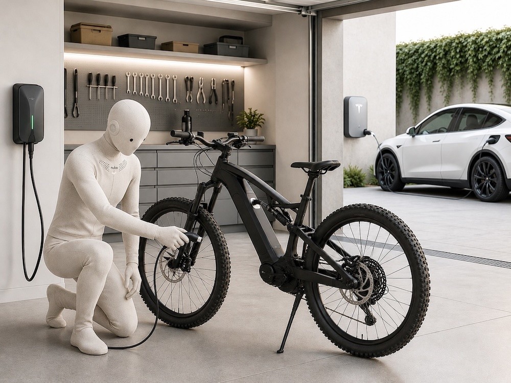 Robot is charging the ebike in the garage