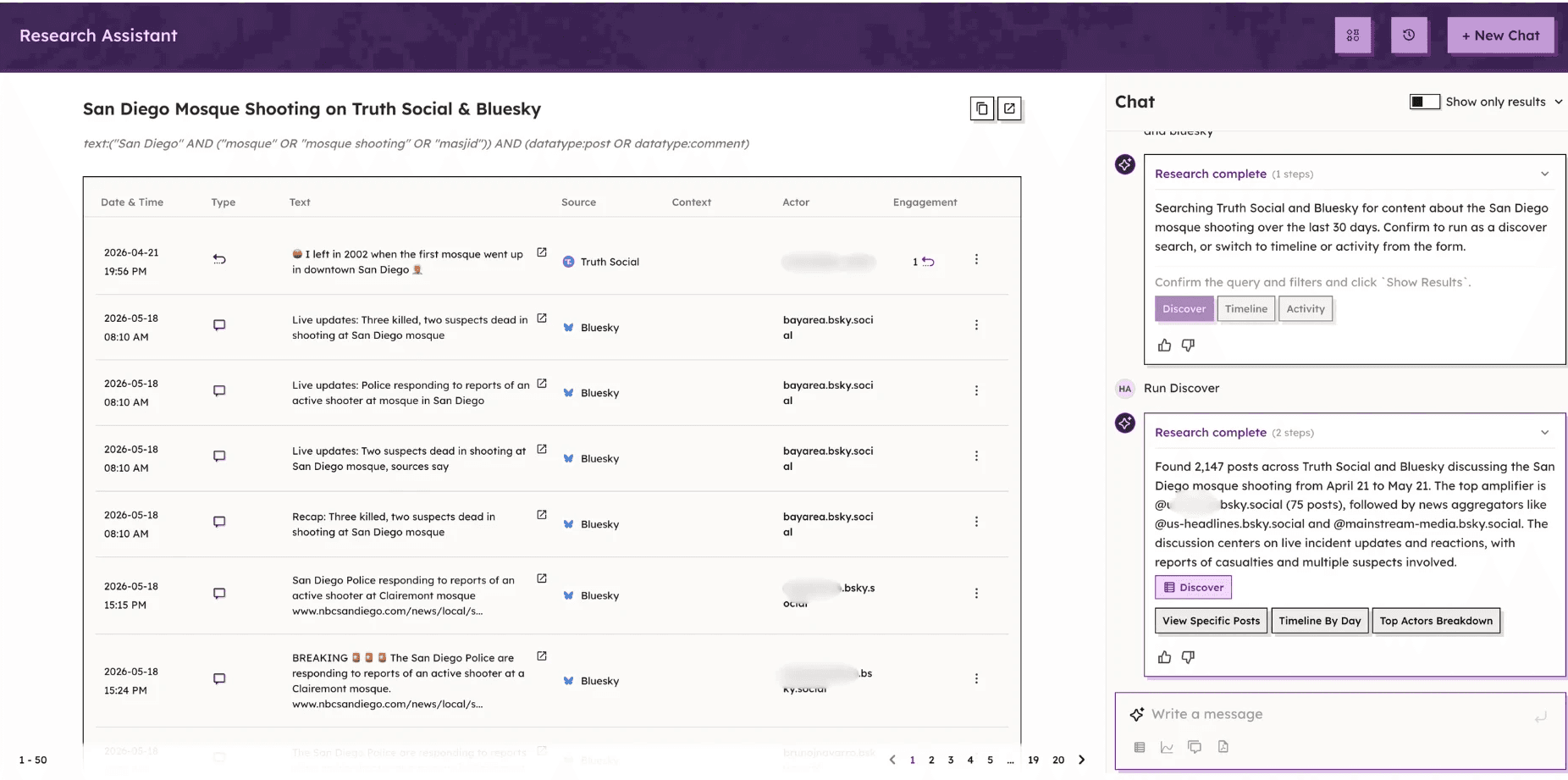 Research Assistant content results with sidebar chat
