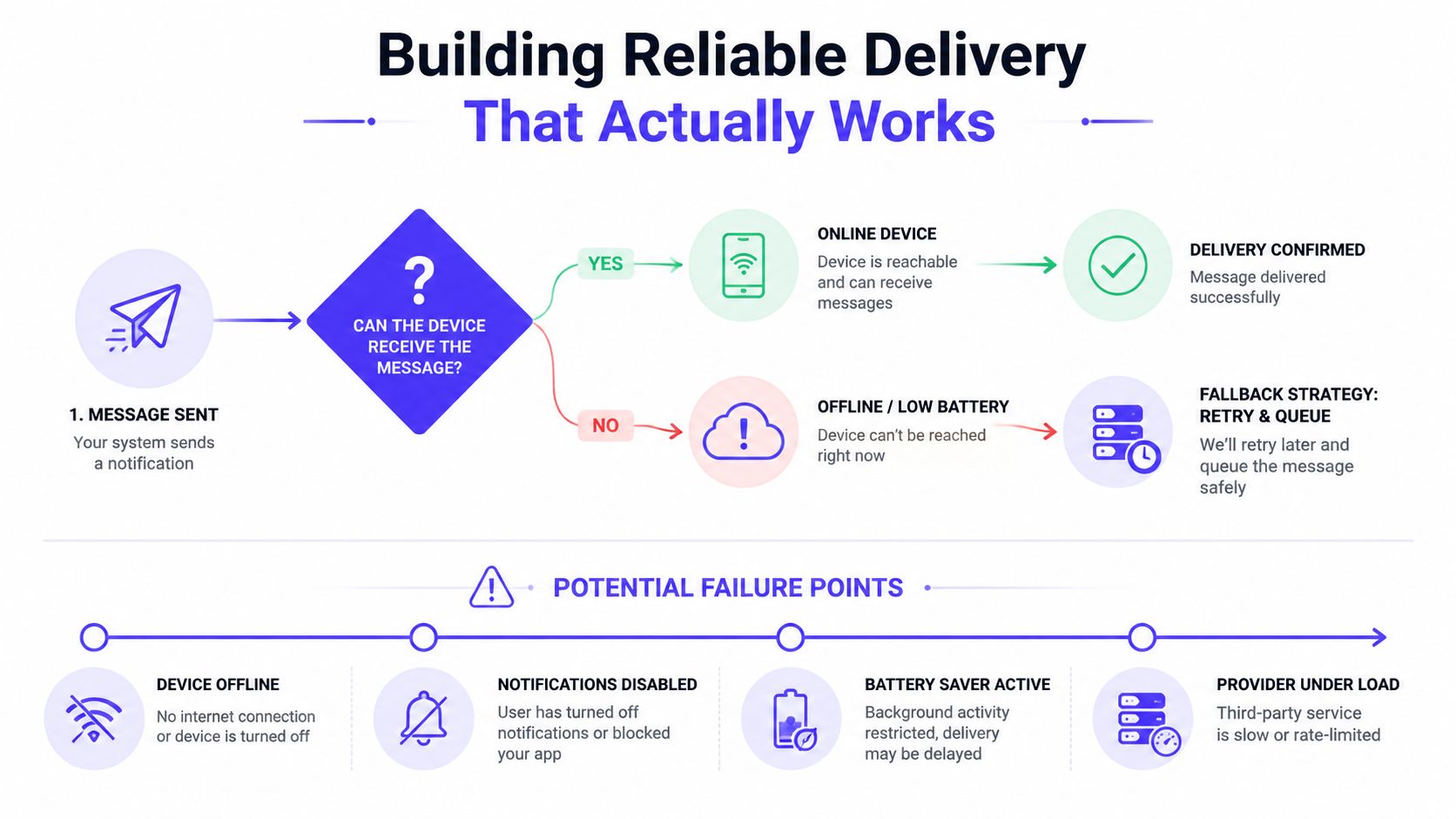 A flowchart illustrating the message delivery process and potential failure points for a reliable notification system design.