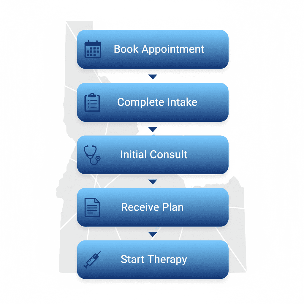 Vertical process flow illustrating steps to begin testosterone replacement therapy at HRMN Health clinic near Boise