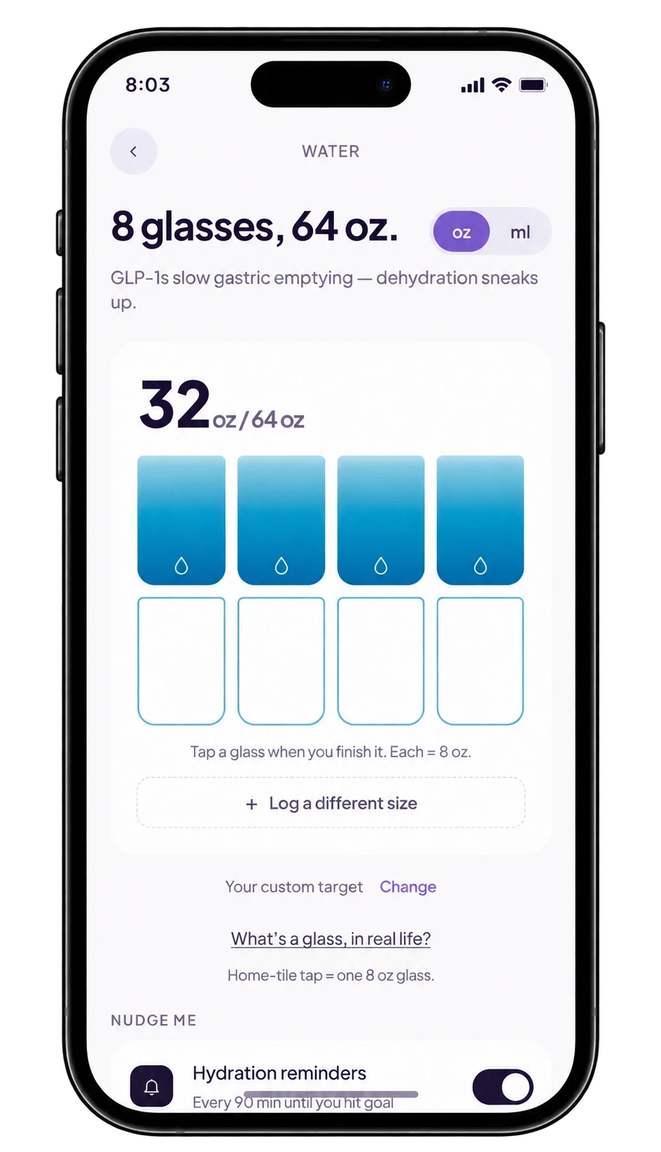 Tracking water against a daily 64 oz target in the Nudge app, with hydration reminders turned on