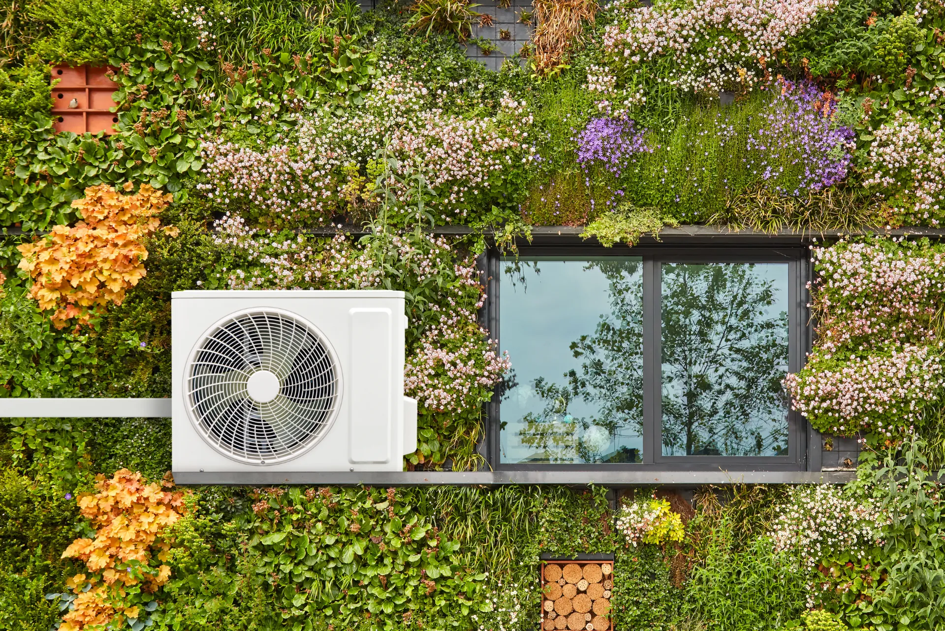 Eine Wärmepumpe an einer Hauswand neben einem Fenster. Um das Fenster und die Wärmepumpe herum sind verschiedenste Pflanzen und Blumen an der Hauswand verteilt.