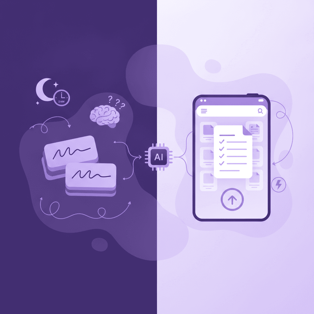 Split screen showing a student manually writing flashcards at 2 AM versus a clean digital interface instantly generating a study guide.