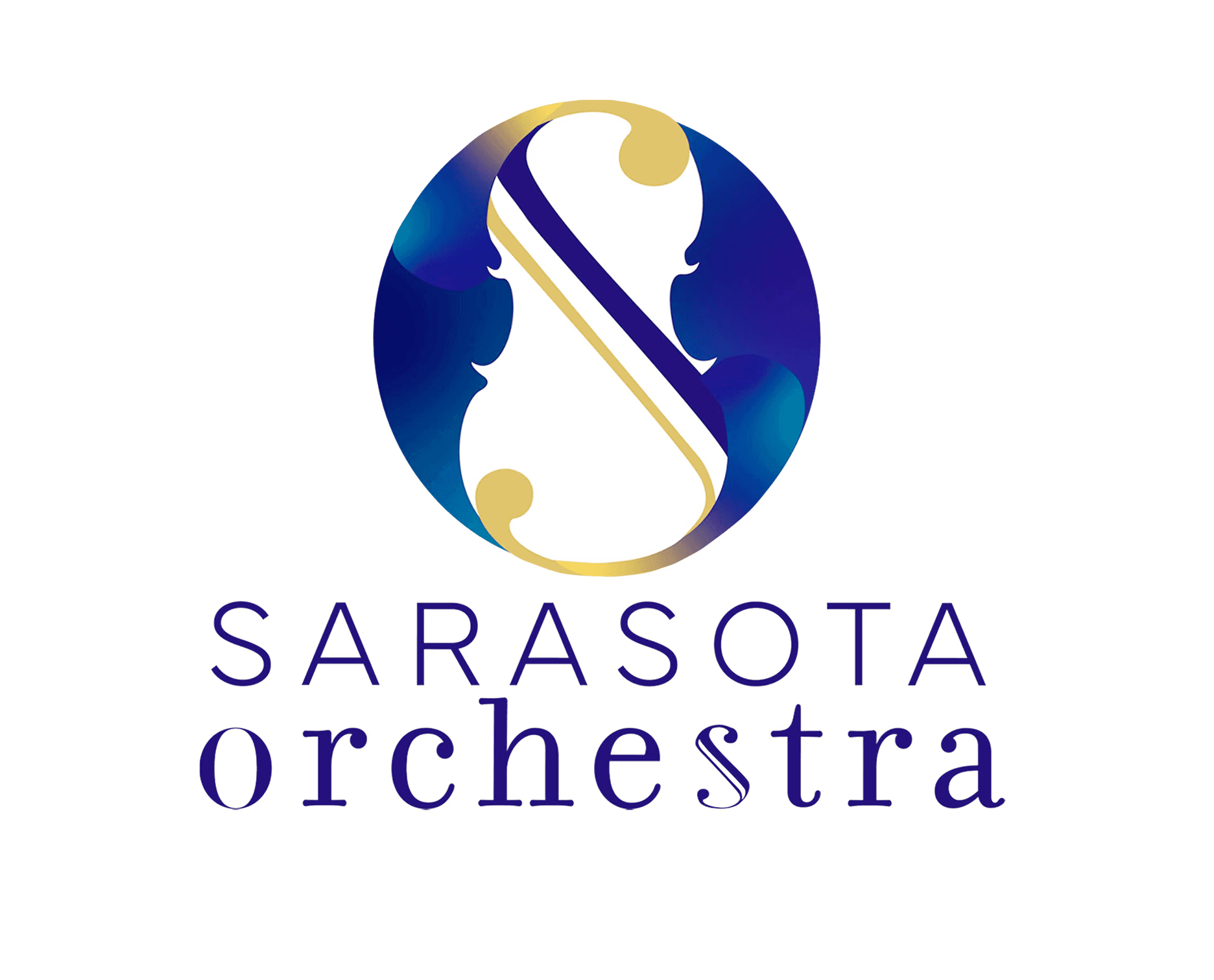 Circular logo featuring a white silhouette of a string instrument inside a blue and purple gradient circle with gold accents. Below the emblem, the text reads “Sarasota orchestra” in elegant indigo serif lettering, with “Sarasota” in uppercase and “orchestra” in lowercase.