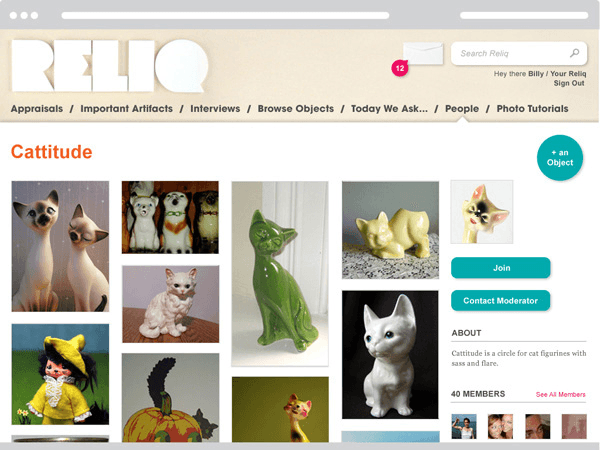 A screenshot of a Relio website displays a cat-themed page titled "Cattitude." The page features various cat images, including realistic photos of cats and stylized cat figurines. Navigation links include "Appraisals," "Important Artifacts," "Interviews," "Browse Objects," "Today We Ask...," "People," "Photo Tutorials," and "Contact Moderator." A sidebar labeled "About" provides information about cat figurines, and a section labeled "See All Members" shows user profiles. The Relio logo is prominently displayed at the top.