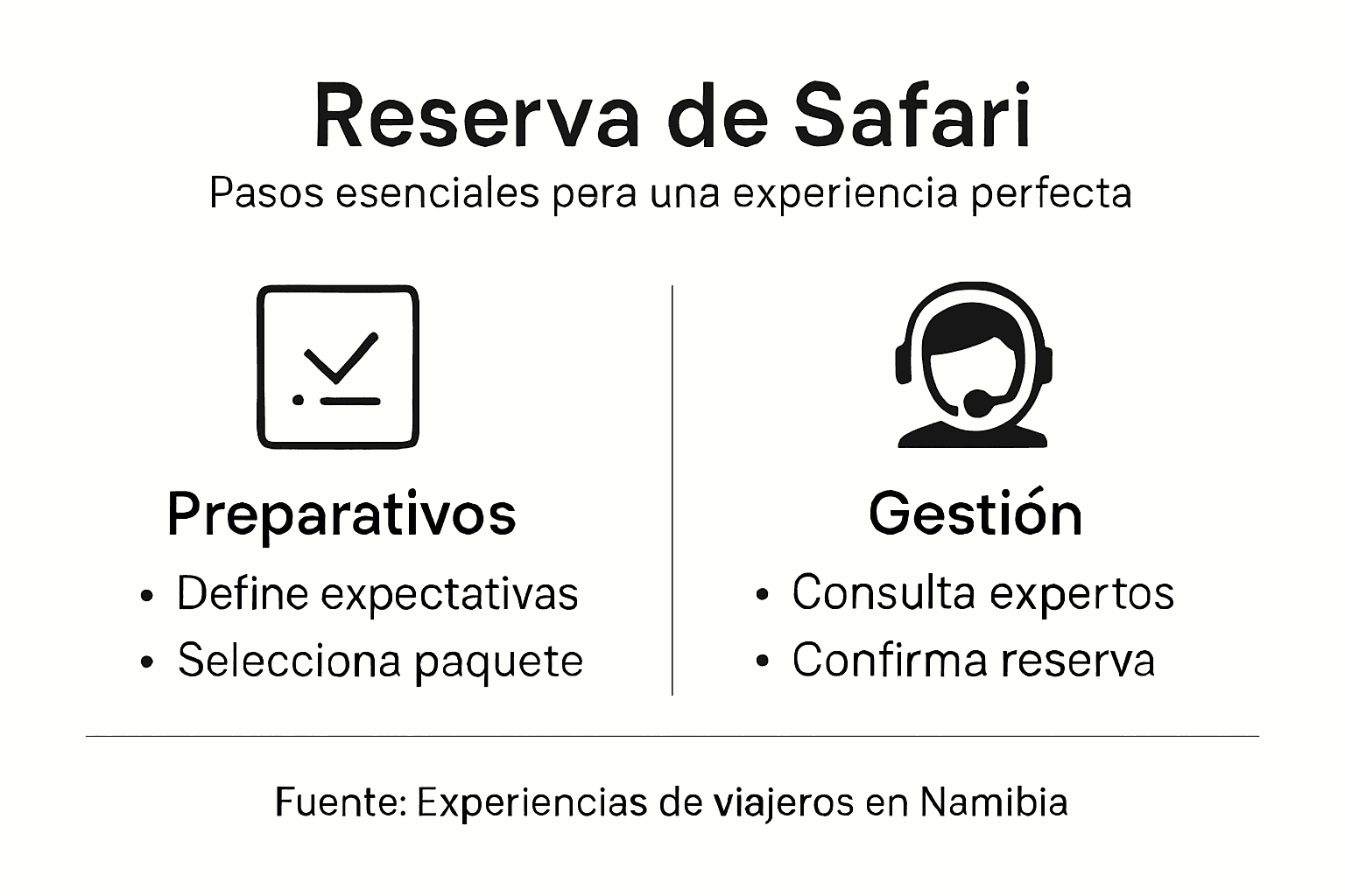 Guía visual con los pasos esenciales para reservar un safari en Namibia